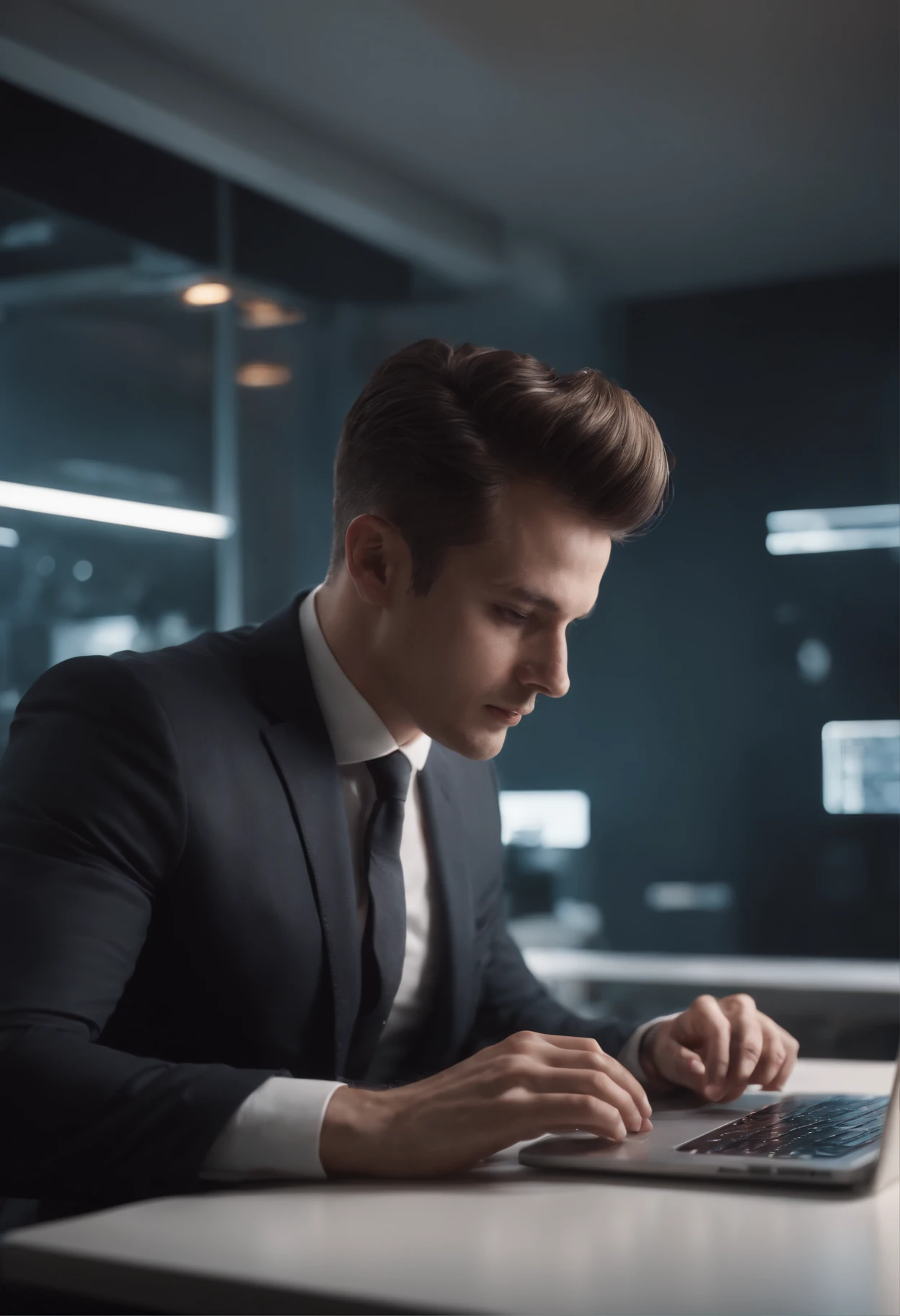 intricated details, Mandelbrot fractals, volumetric lighting, 8k post production, Red and white with a slight hint of black, Glen Brown Style, Futuristic room, The Power of God, back-view, Intricate body poses, suits, office, Sitting on a laptop, a desk, Empty office, dark vibes, Man with a