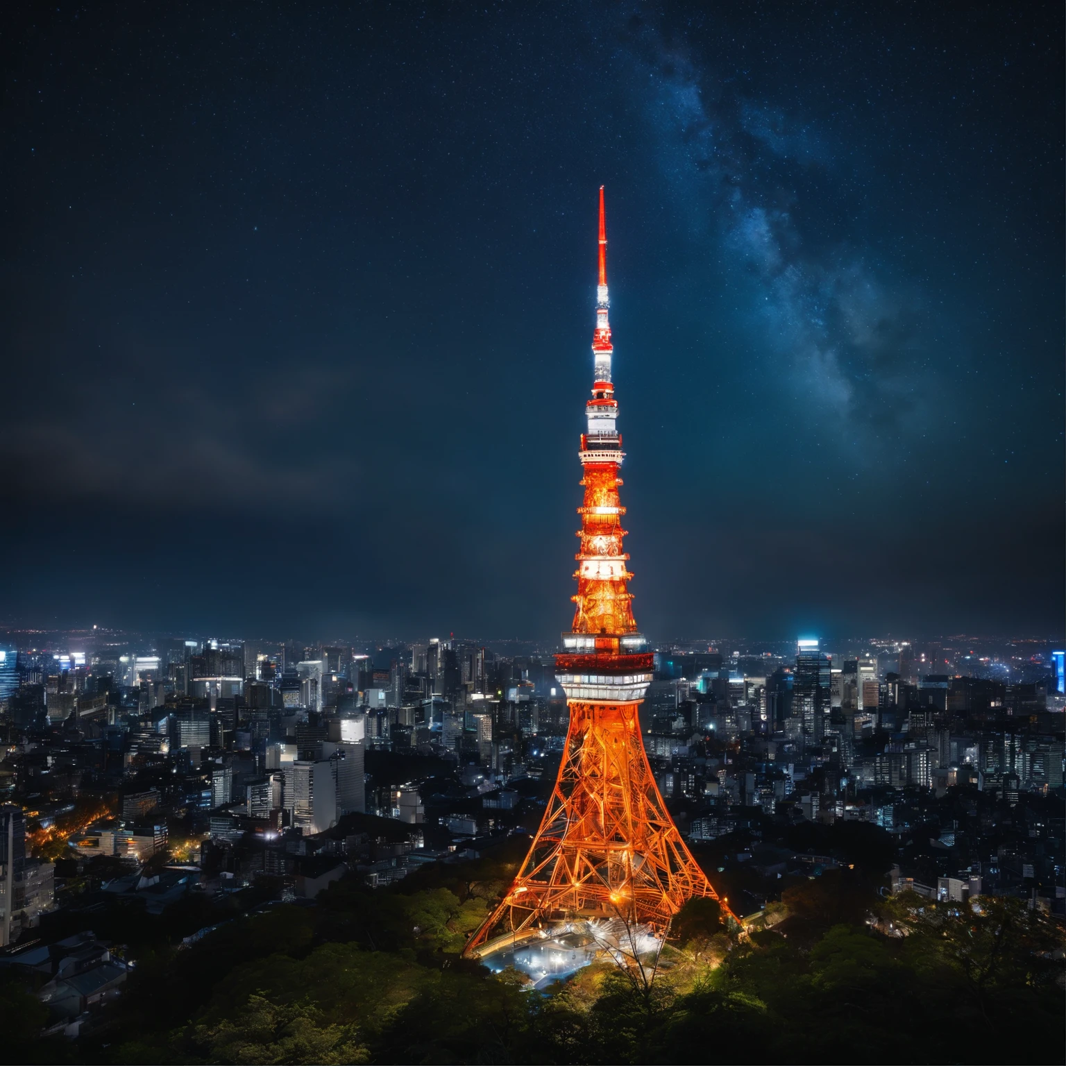 Master Parts、Superior Quality、superior image quality、The 8k quality、Beautiful pictures of the starry sky、magnifica、Arched Milky Way:1.9、Tokyo Tower、night view of Tokyo