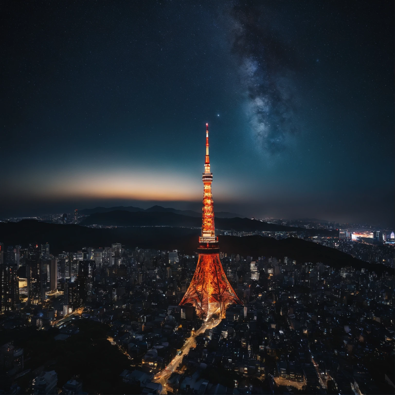 Master Parts、Superior Quality、superior image quality、The 8k quality、Beautiful pictures of the starry sky、magnifica、Arched Milky Way:1.9、Tokyo Tower、night view of Tokyo