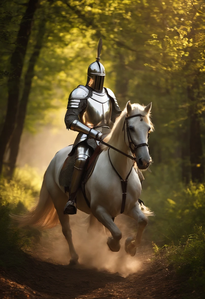 (Solemn royal knight),Armor，ride horse，Dressed in shiny silver armor, Wield a European-style sword,Carrying a wooden bow, He rode on a forest trail in the field, ，Sunlight illuminates the scene.，，The foreground is a small flower，The front shadow is blurred，depth of fields，tmasterpiece，Light and shadow effects，Movie special effects