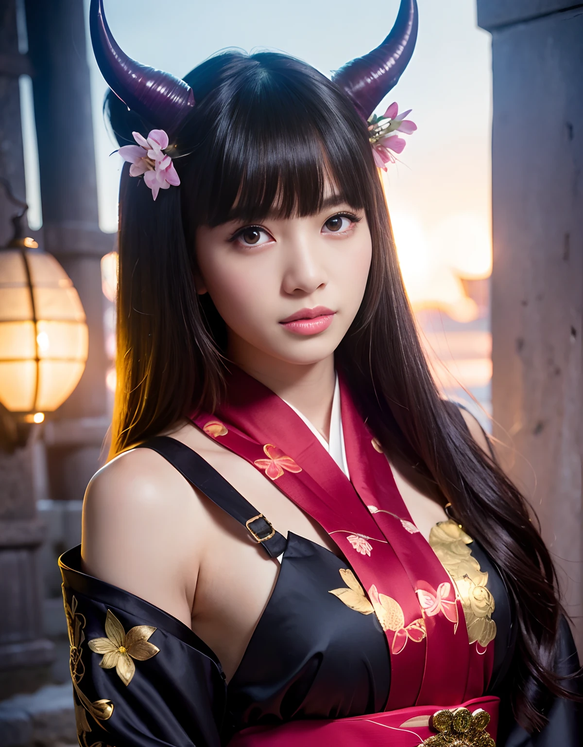 ((World of Darkness)),Professional , ​masterpiece、top-quality、photos realistic , depth of fields 、（Maiko's hairstyle）、(Background of cherry blossoms in full bloom),（Ultimate Beauty）、Red-haired、（Fight ninjas)、（Kimono with beautiful pattern）、（Night background）、（（a dark night））,(Wear a beautiful kimono),（Wear a beautiful kimono with colorful floral patterns）、Jewel Gold Weapon、Particles of light),（Has a devil's mask）、Gorgeous gold weapons ,（（ Gorgeous Dragon Sword）） , （a dark night）,,（maikurobikini） 、（（Black Haired Beautiful Girl））、（Castle background）、（demonic wings）、（（Gangle's forest background））、Beautiful Caucasian beauty、１a person、dynamic ungle,(((Two devil's horns on the head)))、Smaller head、Idle Smile、Thin and beautiful female hands、Mystical expression、Light Effects、intense fighting、Wind-effect、magic circles、With the legendary magic wand、Dragon's tail、Anatomically correct body、