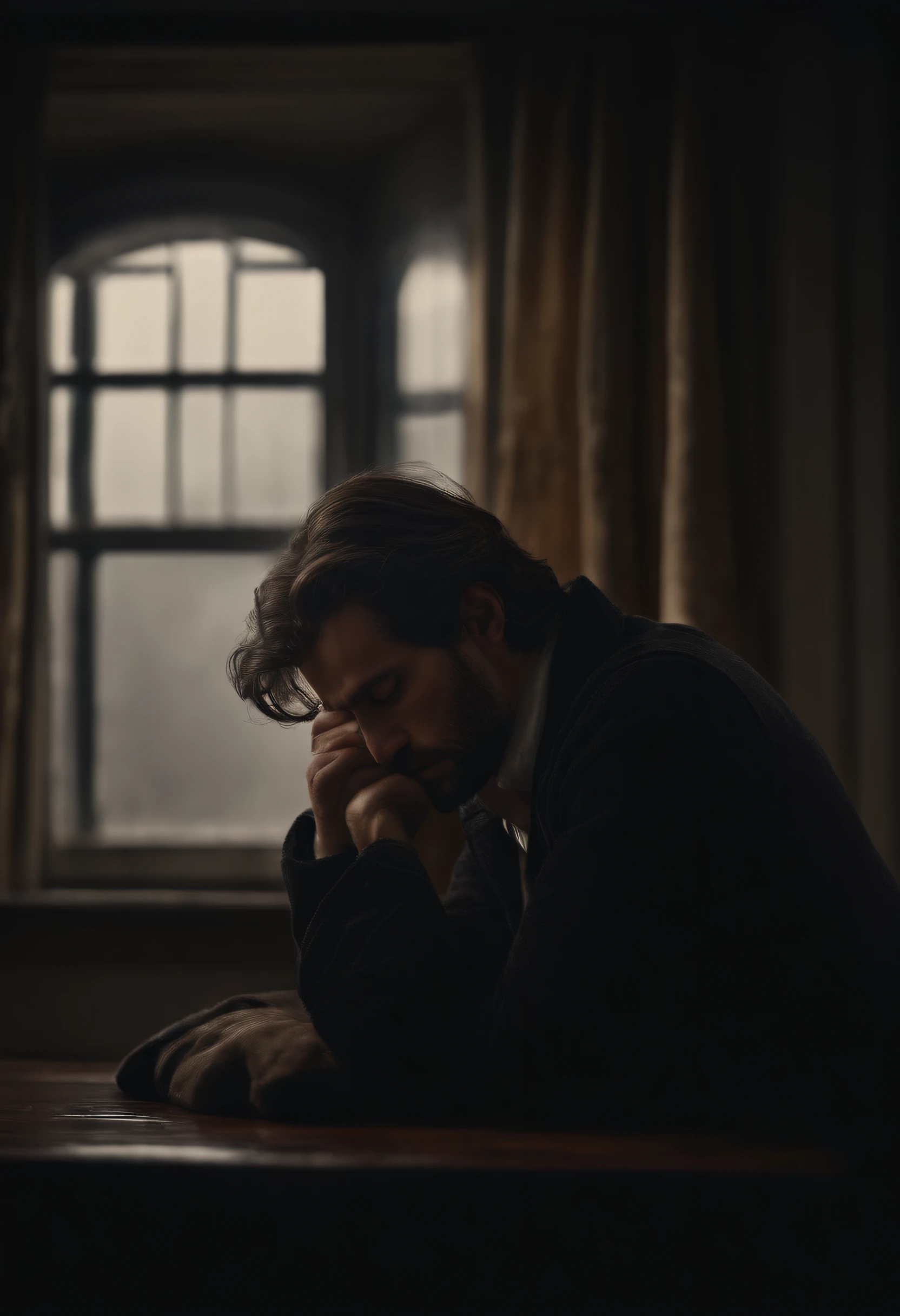 (best quality,highres,masterpiece:1.2),ultra-detailed,realistic,portrait,sad man,crying head down,extremely detailed eyes and face,long eyelashes,somber expression,downcast eyes,teary eyes,pale skin,dark hair,disheveled appearance,alone in a dimly lit room,window with a view of a gloomy landscape,rain falling outside,emotional scene,feeling of loneliness and despair,cold color tone,high saturation,soft shadows,dramatic lighting,subtle highlights,mist in the air,slightly foggy atmosphere,broken silence,depth of emotions.