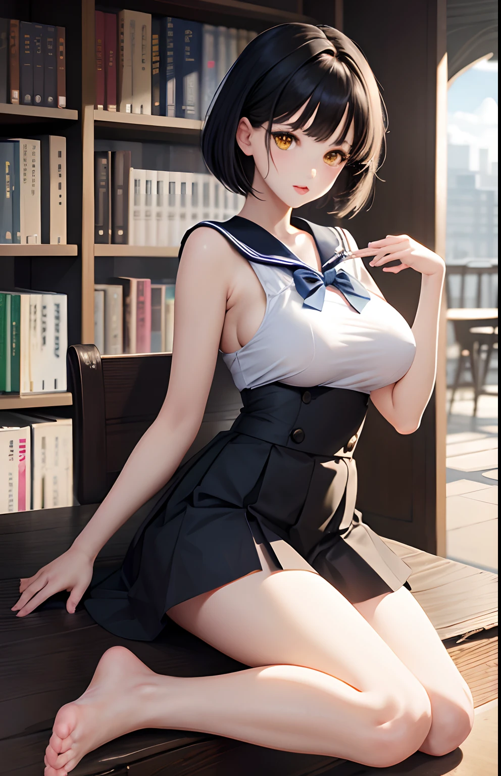 masterpiece, top-quality, 1girl in, A dark-haired, yellow eyes, short-cut、Fluffy skirt、Raw feet、atlibrary、big breast beauty、Sailor Mercury