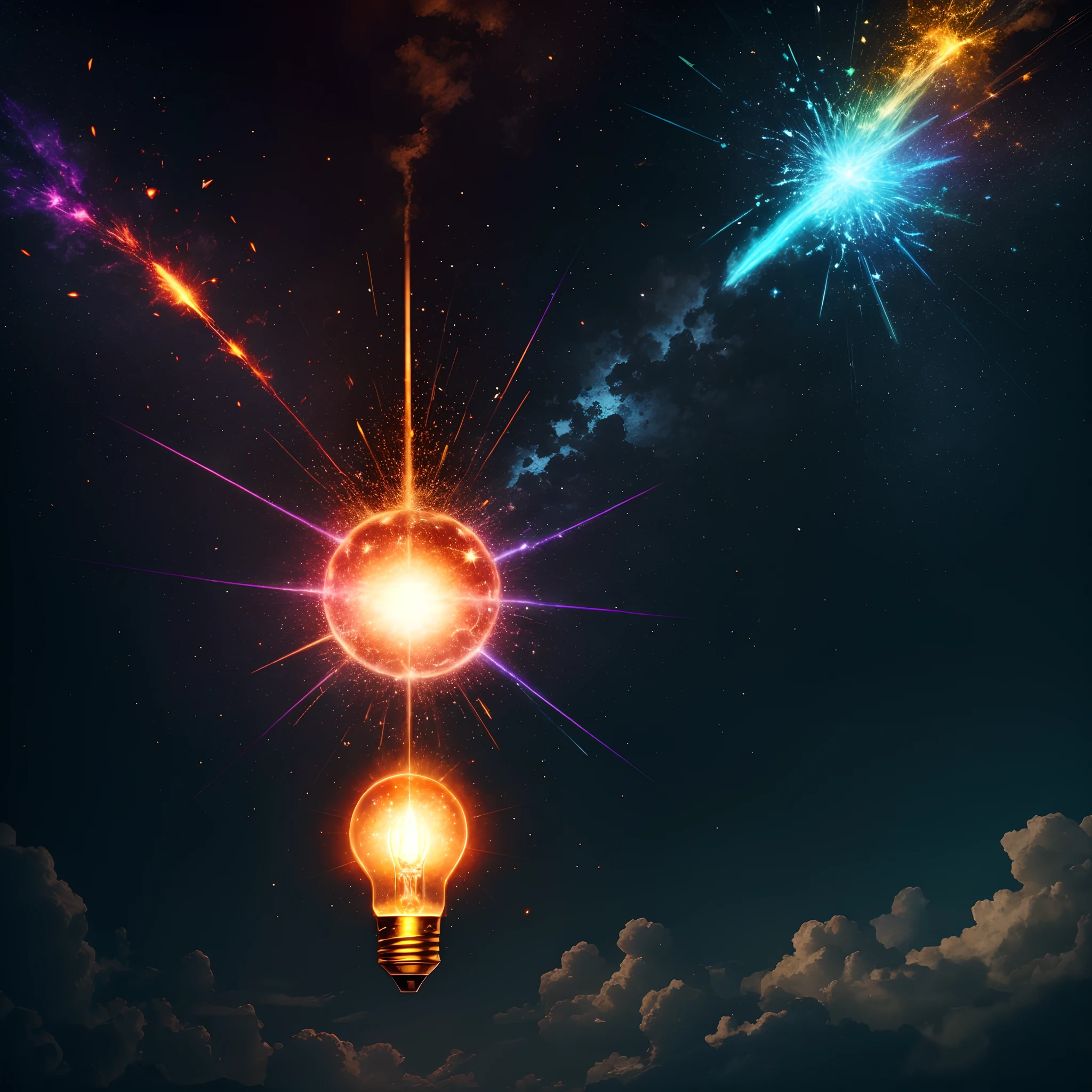 light bulb, explosion of brilliant light bursts from the light bulb, enlightenment, new idea, vivid colours, epic fantasy, joy