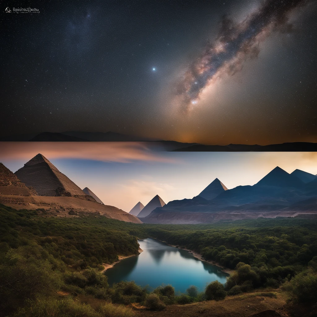 Master Parts、Superior Quality、superior image quality、The 8k quality、Beautiful pictures of the starry sky、magnifica、Arched Milky Way:1.9、Pyramids