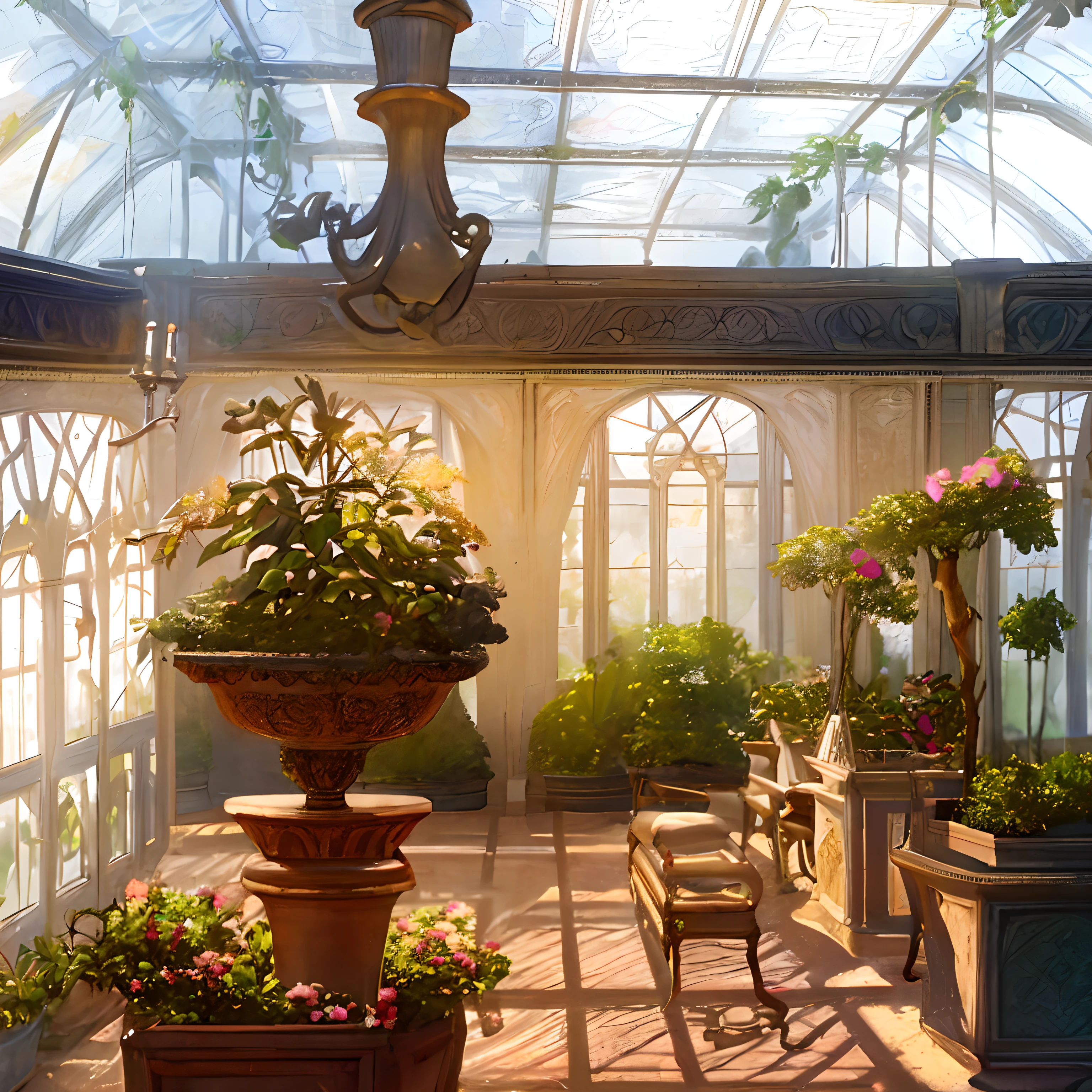 masterpiece, greenhouse, Fantasy, beautiful gardens, Palace gardens, Bright sunshine, Belle Epoque, Pixar, cinematic lighting, backlighting, 4k, UHD, best quality