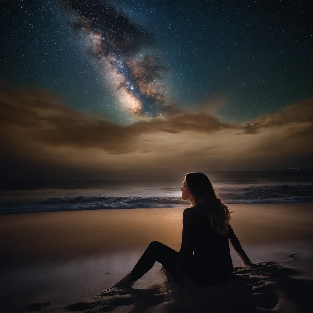 Master Parts、Superior Quality、superior image quality、The 8k quality、Beautiful pictures of the starry sky、magnifica、Arched Milky Way:1.9、Sexy woman sitting on the beach looking up at the starry sky