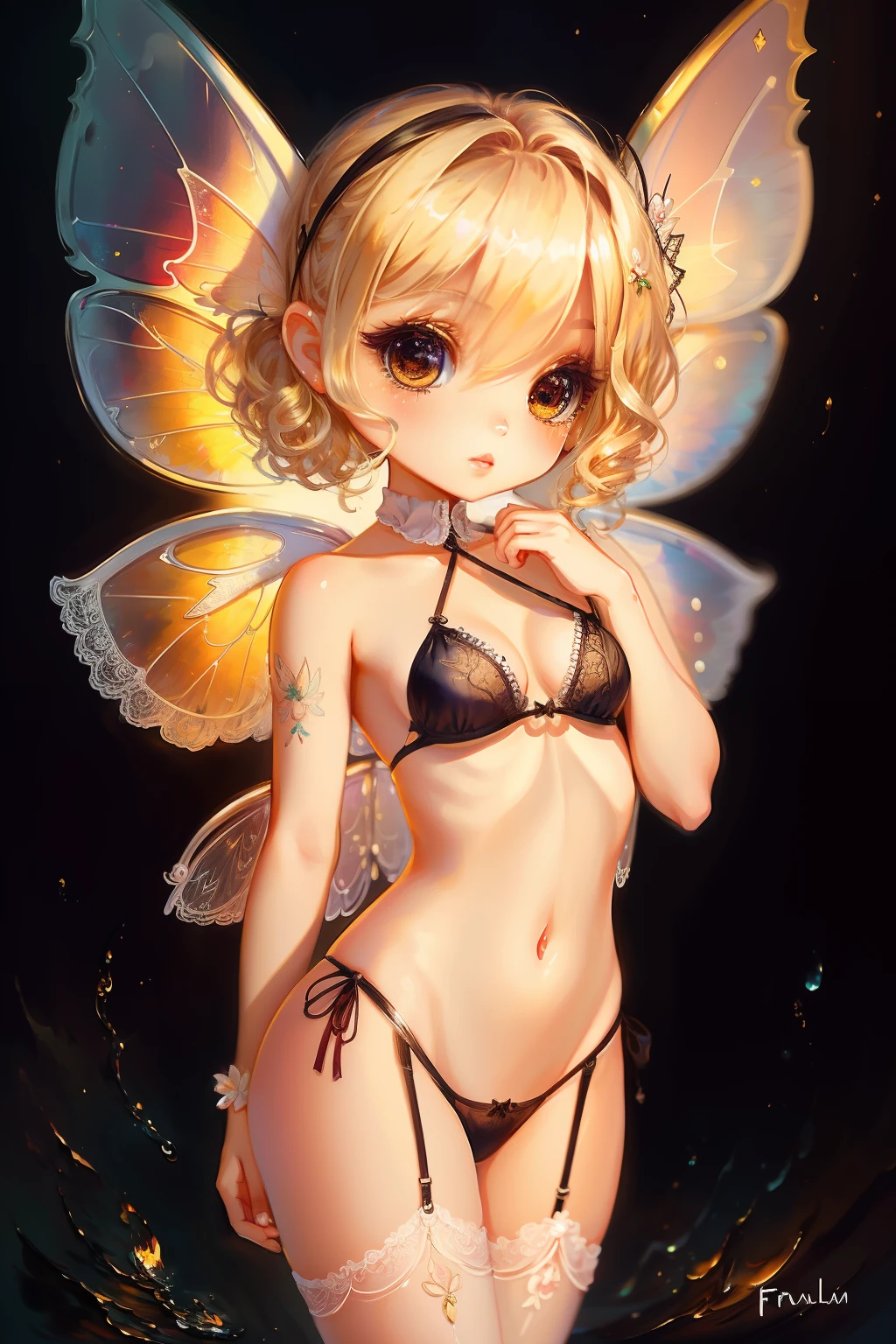 chibi, Russian fairy, delicate cute face, fairy wings, blonde hair, long eyelash, white laced openwork see-though thong, pasties, frilly, oil painting, held in hand, tiny