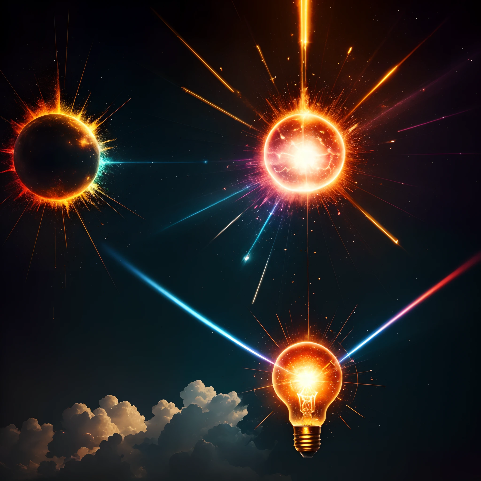 light bulb,  explosion of brilliant light bursts from the light bulb, enlightenment, new idea, vivid colours, epic fantasy, joy