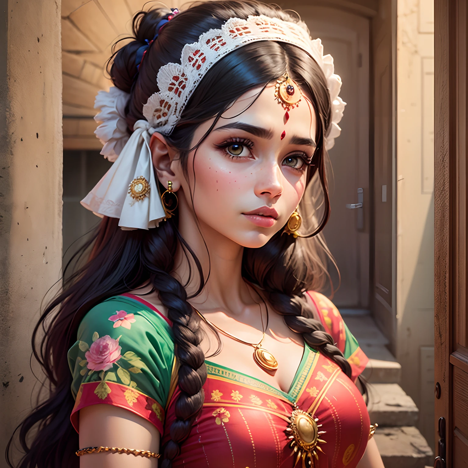 "Anxious, small-framed woman with a neatly braided brown hair, dressed in a contemporary grey and white saree, keeping her hands tightly clasped, her eyes displaying a deep sense of concern."