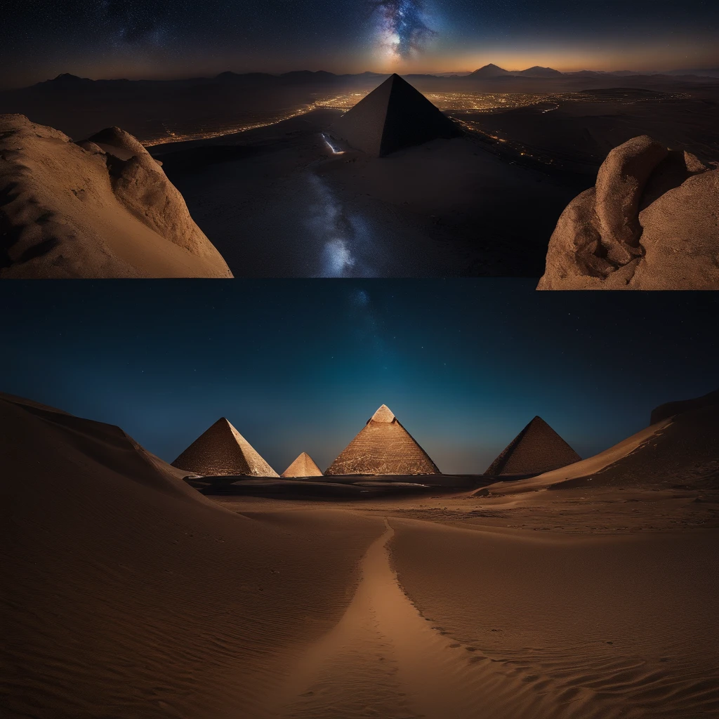 Master Parts、Superior Quality、superior image quality、The 8k quality、Beautiful pictures of the starry sky、magnifica、Arched Milky Way:1.9、Pyramids