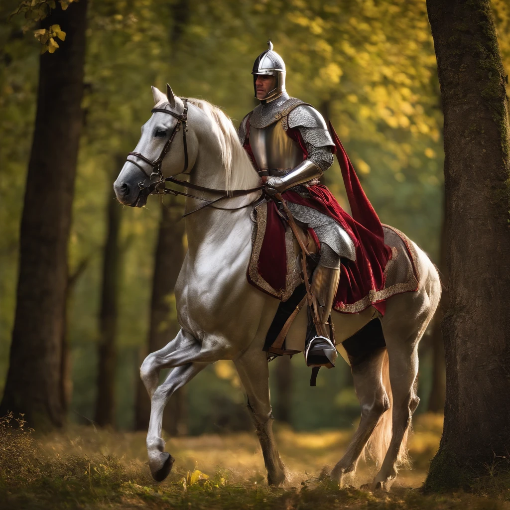 (Solemn royal knight),Armor，ride horse，Dressed in shiny silver armor, Wield a European-style sword,Carry a wooden bow, He rode on a forest trail in the field, ，Sunlight illuminates the scene.，，The foreground is a small flower，The front shadow is blurred，depth of fields，tmasterpiece，Light and shadow effects，Movie special effects