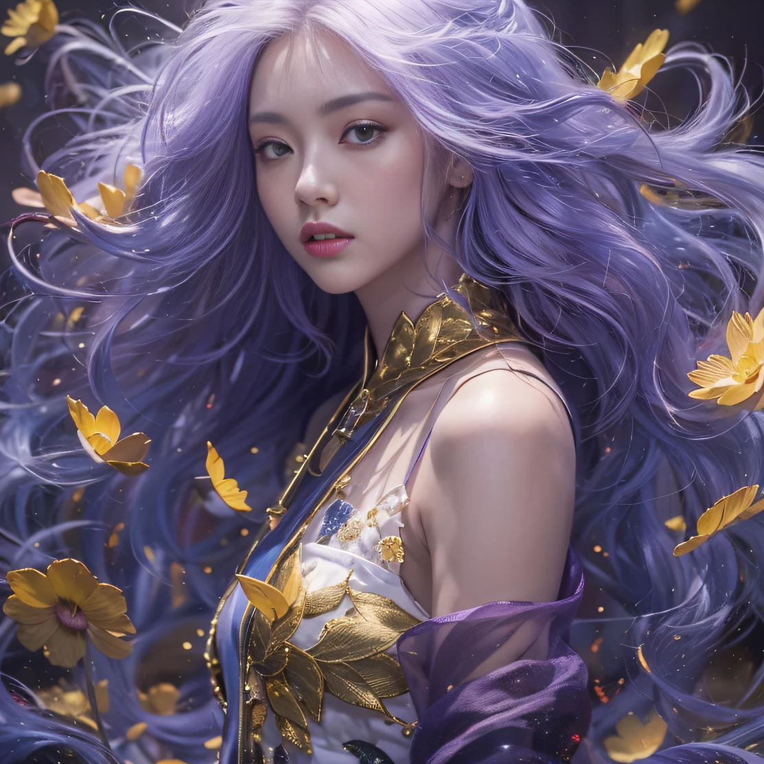 Genki Girl 32K（tmasterpiece，k hd，hyper HD，32K）Long flowing bright purple hair，Autumn Pond，zydink， a color，Silent （Back-halo）， （Old blue and white scarf）， Combat posture， looking at the ground， long whitr hair， Floating bright purple， Fire cloud pattern gold tiara， Chinese long-sleeved gold silk garment， （Abstract metaverse splash：1.2）， white backgrounid，Lotus vitality protector（realisticlying：1.4），Bright purple hair，Smoke on the road，The background is pure， A high resolution， the detail， RAW photogr， Sharp Re， Nikon D850 Film Stock Photo by Jefferies Lee 4 Kodak Portra 400 Camera F1.6 shots, Rich colors, ultra-realistic vivid textures, Dramatic lighting, Unreal Engine Art Station Trend, cinestir 800，A girl with long flowing bright purple hair