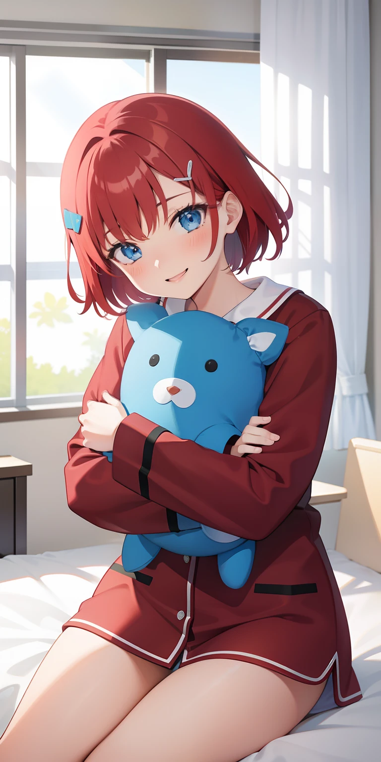 one college girl, red short hair, blue eyes, hair clip, light blush (1 :1) , light smile, pyjama, bedroom, sitting on bed, hugging plushie