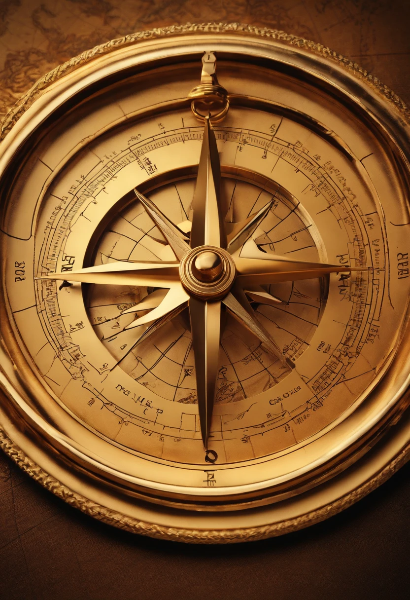 Archaic bronze compass centered。The compass needle is golden、Pointing in a specific direction。 The compass background is、Depict fine global maps and stock price graphs with reduced transparency