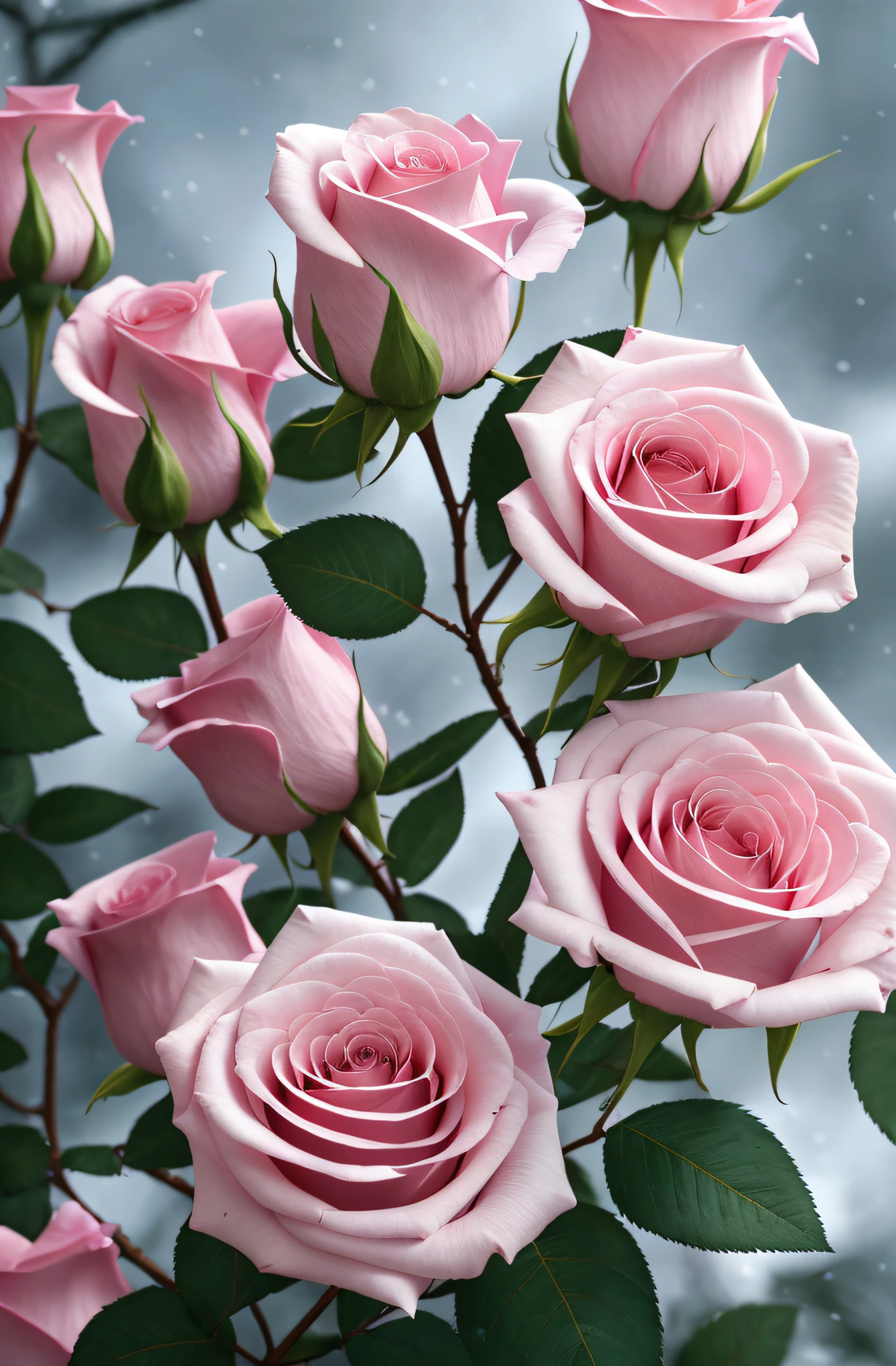 There are pink roses in the snow on the trees, roses in cinematic light, rosette, Incredibly beautiful, Incredibly realistic, Rose, alexey egorov, Ross Tran 8 K, marc adamus, pastel roses, Beautiful nature, 8K)), Beautiful flowers, fotorrealista altamente detalhado, author:Igor Grappa, realistic pictures, 🌺 CGSesociety, john park
