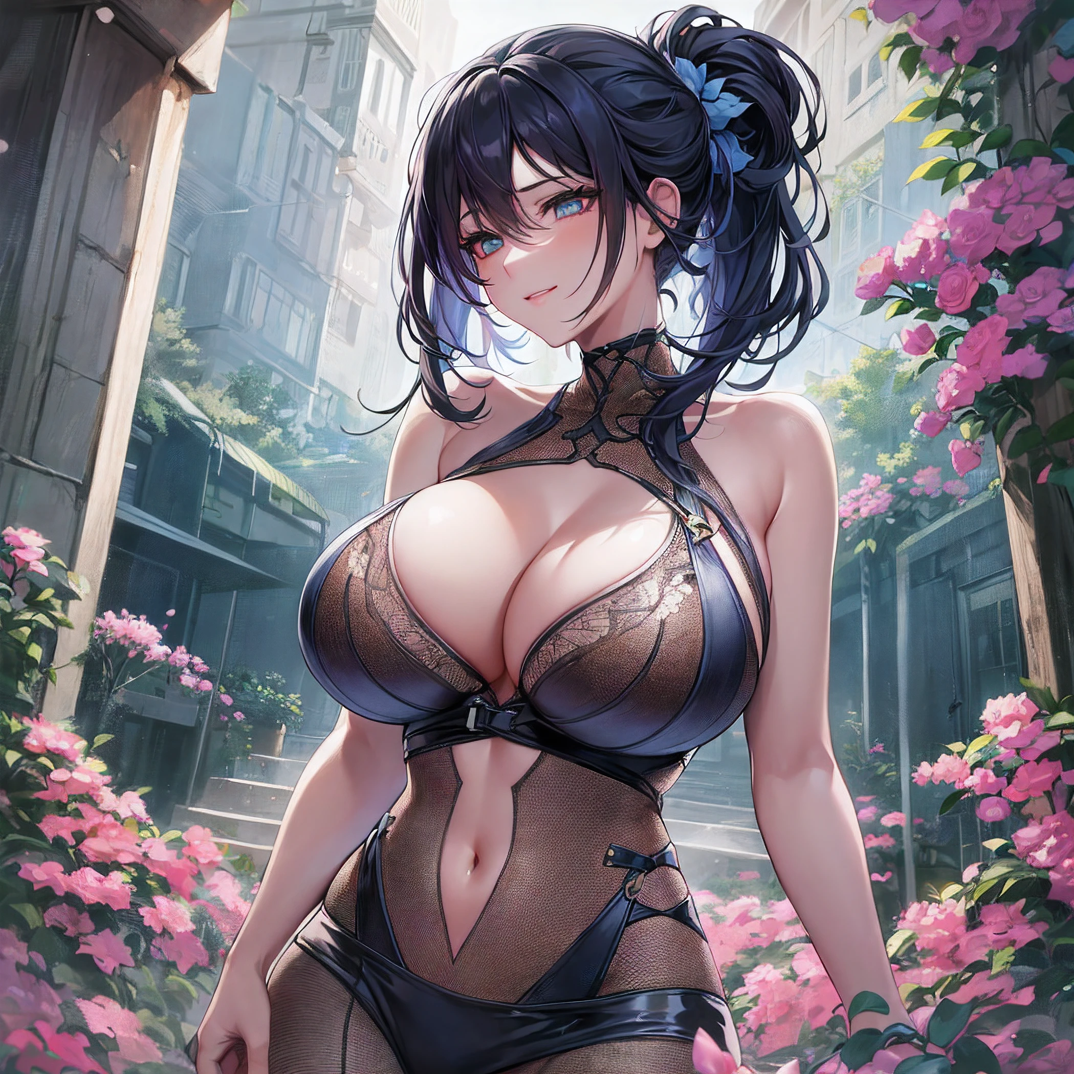 Close up portrait of woman in tank top with big breasts, Big breasts, Big breasts!, SFW Nana huge breasts, cleavage, with large breasts, Big breasts!!, buxom chested, with a big chest, Large breasts, busty, large breasts size, Covered SFW huge breasts, posing in bra, wearing bra, Chest covered、SFW
, Woman, Long dark blue hair gathered in a low ponytail, Thin Eyes, White combat dress with silver details and flowers, modernity, Calm smile, full length