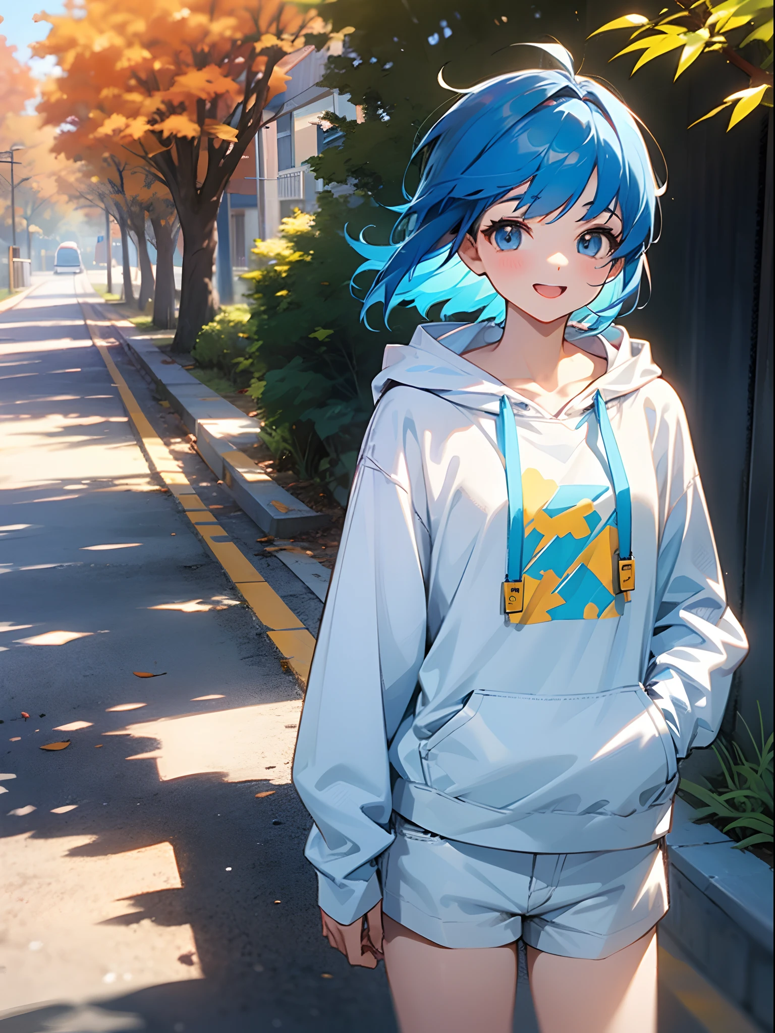 16yo girl、Hair short like a boy、Dark blue hair、Light blue hair band、looking at the viewers、Laugh、Wearing a white hoodie、white t-shirts、cowboy shot、shortpants、Meeting in front of the trees on the street in autumn