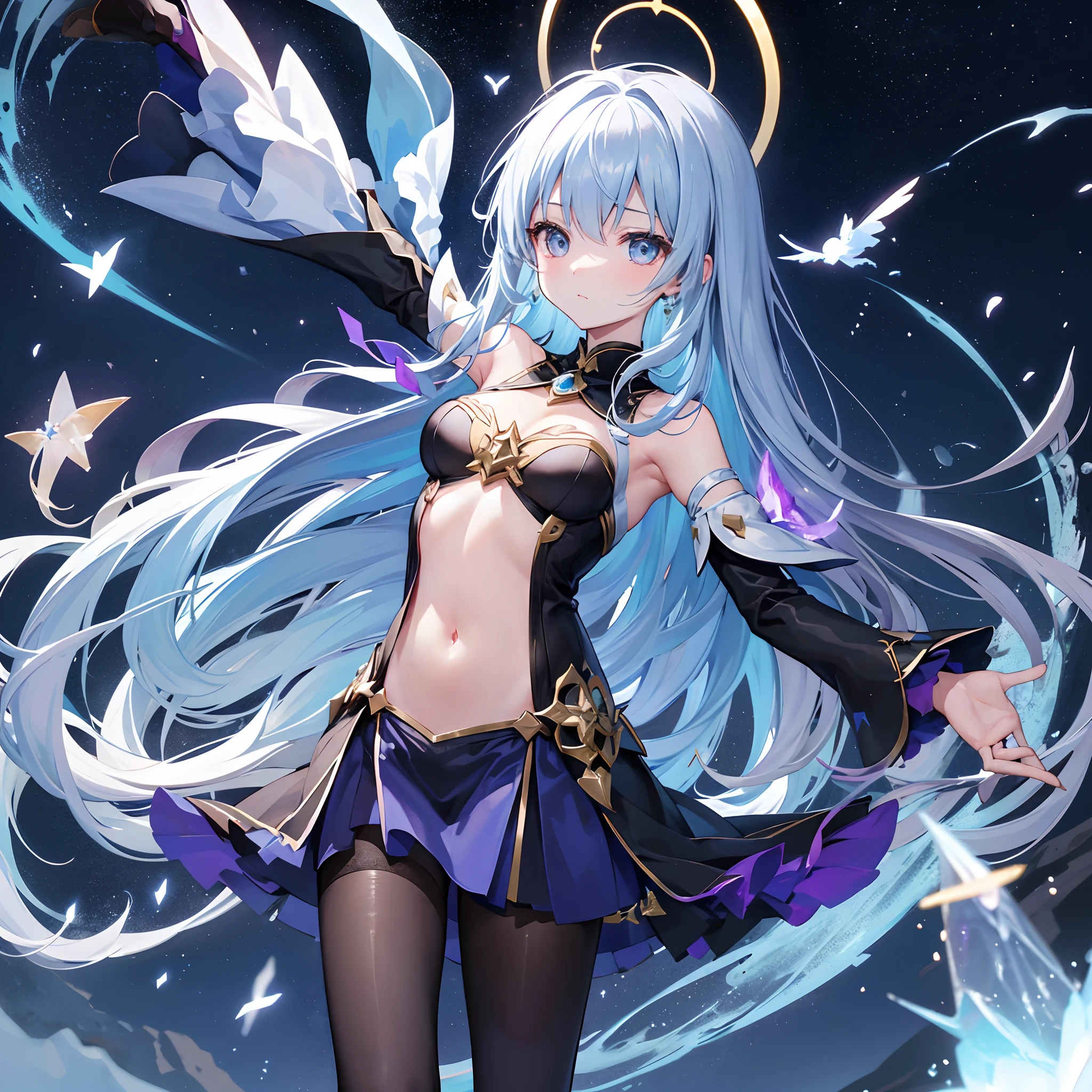 (highres:1.2,ultra-detailed,photorealistic) A girl in a white leotard wearing a mini skirt stands upright in a magical cyber setting. She exudes an aura of enchantment, with her graceful demeanor and captivating gaze. Her white leotard fits perfectly, accentuating her slender yet powerful physique. The mini skirt adds a touch of playfulness to her attire, creating a harmonious balance between elegance and youthfulness. Her face, framed by flowing silky hair, features beautiful detailed eyes that shimmer like stars in the night sky. Her strikingly bright eyes reflect her inner strength and determination, while her long eyelashes flutter delicately. Her slender nose and flawless skin enhance her ethereal beauty. Beautiful detailed lips, tinted with a hint of pink, exude a sense of innocence and charm. The magical cyber world surrounding her is a mesmerizing blend of futuristic architecture and whimsical elements. Neon lights in vibrant hues of blue and purple illuminate the scene, casting a soft glow on her surroundings. The air is filled with a sense of mystery and awe, as if anything is possible in this enchanting realm. In the distance, towering skyscrapers reach towards the starry sky, their sleek surfaces reflecting the vibrant colors of the surroundings. The cityscape is adorned with holographic projections of fantastical creatures and dazzling patterns, adding an extra layer of enchantment to the scene. As the girl raises her hand, a shimmering stream of magical energy flows from her fingertips, intertwining with the digital threads of the cyber world. These energy strands form intricate patterns and shapes, representing her inner power and connection to the digital realm. The overall color palette of the artwork is dominated by cool tones, with shades of blue and purple creating a sense of otherworldly beauty. The lighting in the scene is carefully crafted, with soft, diffused light casting gentle shadows and highlighting the girl's features. This artwor