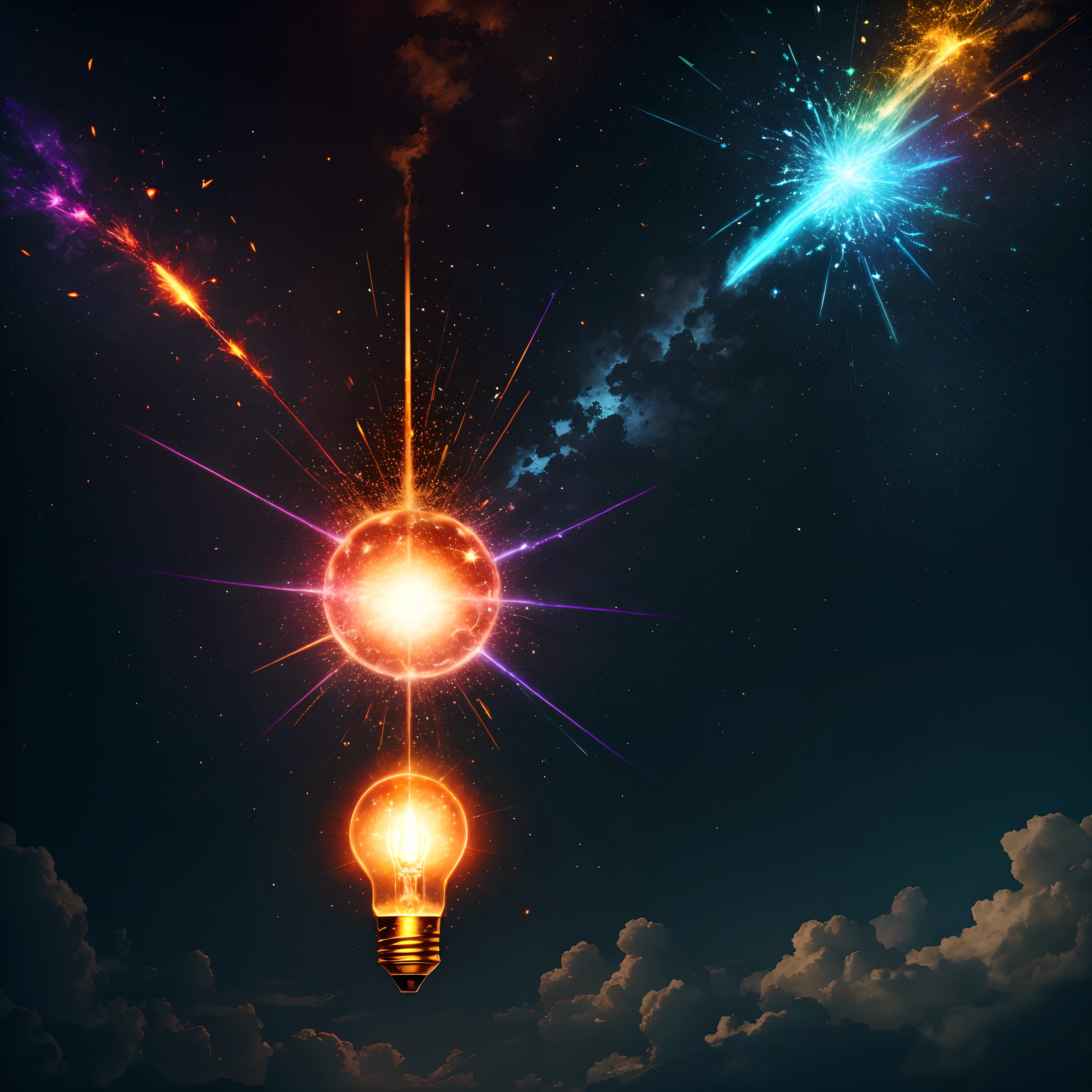 light bulb, explosion of brilliant light bursts from the light bulb, enlightenment, new idea, vivid colours, epic fantasy, joy