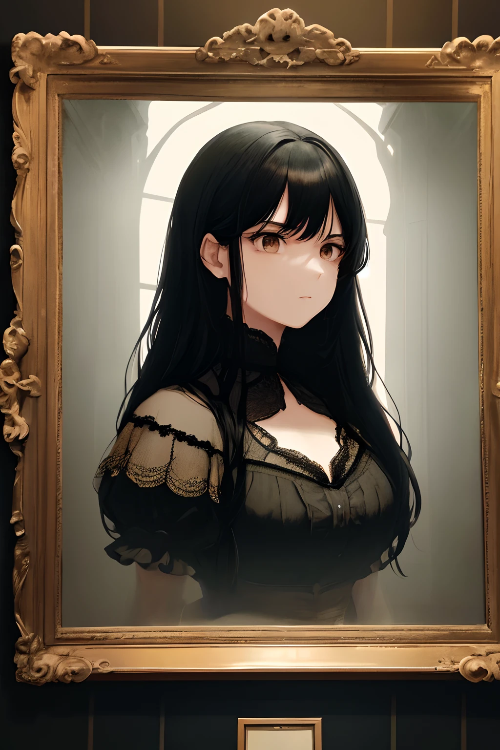 1girll, Black hair, Brown eyes, ), Face focus, Long hair, side locks,, Atmospheric lighting, Moody, Darkness, Under a mansion, Clear glass display case full of interesting items, Dusty,  masterful, Beautiful 8k wallpaper, Extremely detailed, Intricate，Bust photo