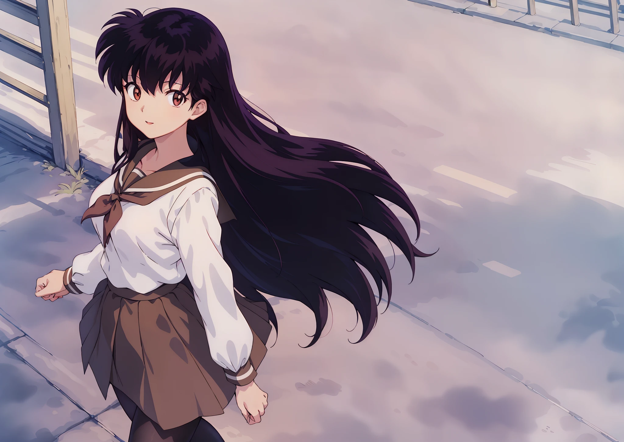 (Best Quality), 1Woman,1Kagome Higurashi Girl, Brown eyes, Full body, Realistic Photos, (hyperrealistic:1.2), perfect eyes, perfect face, perfect illumination, outdoors, warm colors, Town, school uniforms, happy, , walking,, smile, pantyhose, Futuristic street