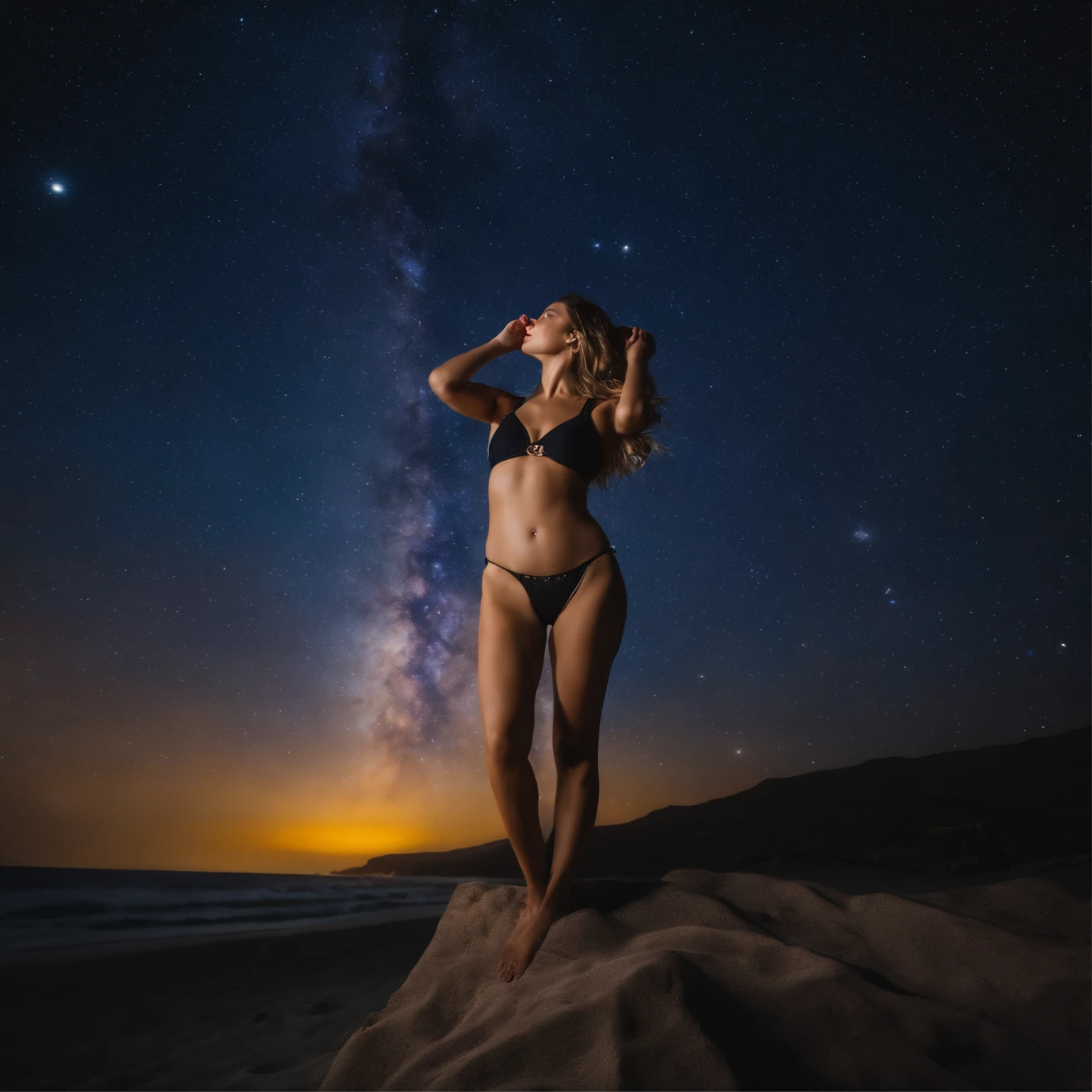 Master Parts、Superior Quality、superior image quality、The 8k quality、Beautiful pictures of the starry sky、magnifica、Arched Milky Way:1.9、Woman in swimsuit sitting on beach looking up at starry sky