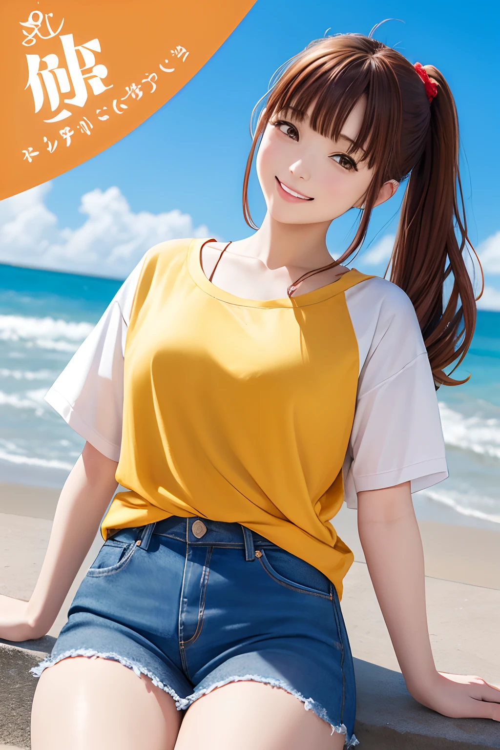 FULL BODYSHOT、an oil painting、​masterpiece、top-quality、hight resolution、Red-brown hairs、Cheerful woman、A smile、yellowＴThe shirt、denim hot-pants、Sweaty skin、side poneyTail、shores、The seaside looks fun、blue-sky、Jumping、lightly dressed、big eye、large mouth、White teeth、Floral scrunchie、Fashionable２０Talented woman、Half-sleevedＴThe shirt