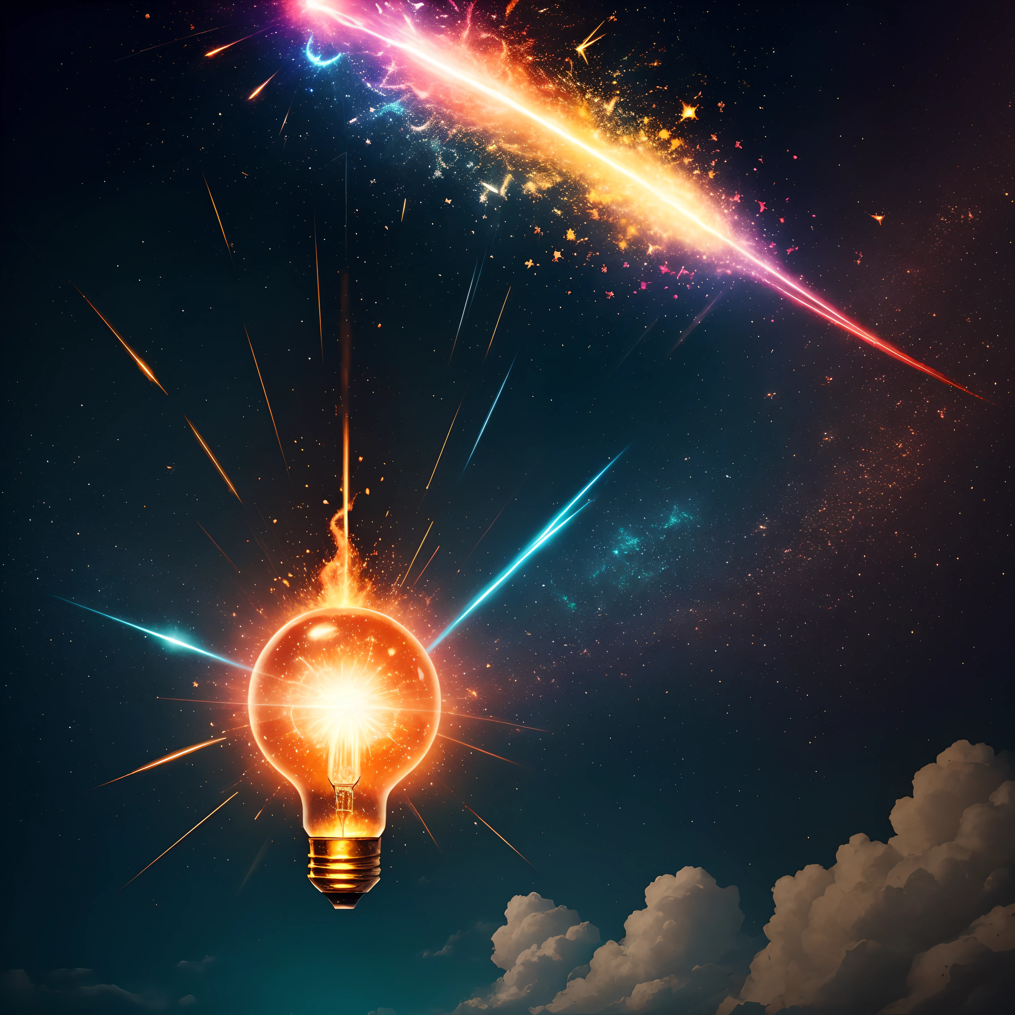 light bulb, explosion of brilliant light bursts from the light bulb, enlightenment, new idea, vivid colours, epic fantasy, joy