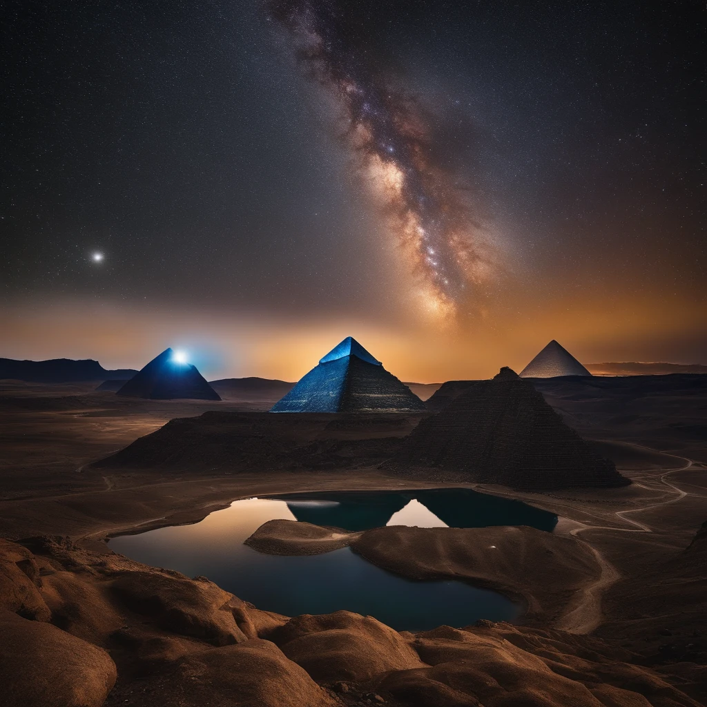 Master Parts、Superior Quality、superior image quality、The 8k quality、Beautiful pictures of the starry sky、magnifica、Arched Milky Way:1.9、Pyramids
