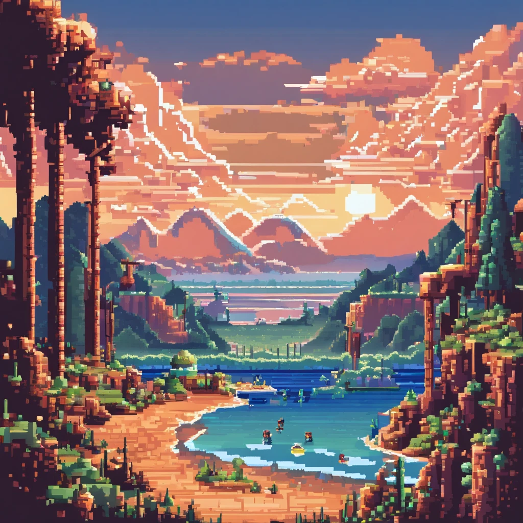 Pixel art tourism destination landscape. Evening. 3D pixel art 4K wallpaper. Incredible pixel art detail. Pixel art. Steam waves. Detailed Unreal Engine pixel crystal skeletons,streaming tears,diamond,pines,火焰,sci-fy,Rainbow gangsters