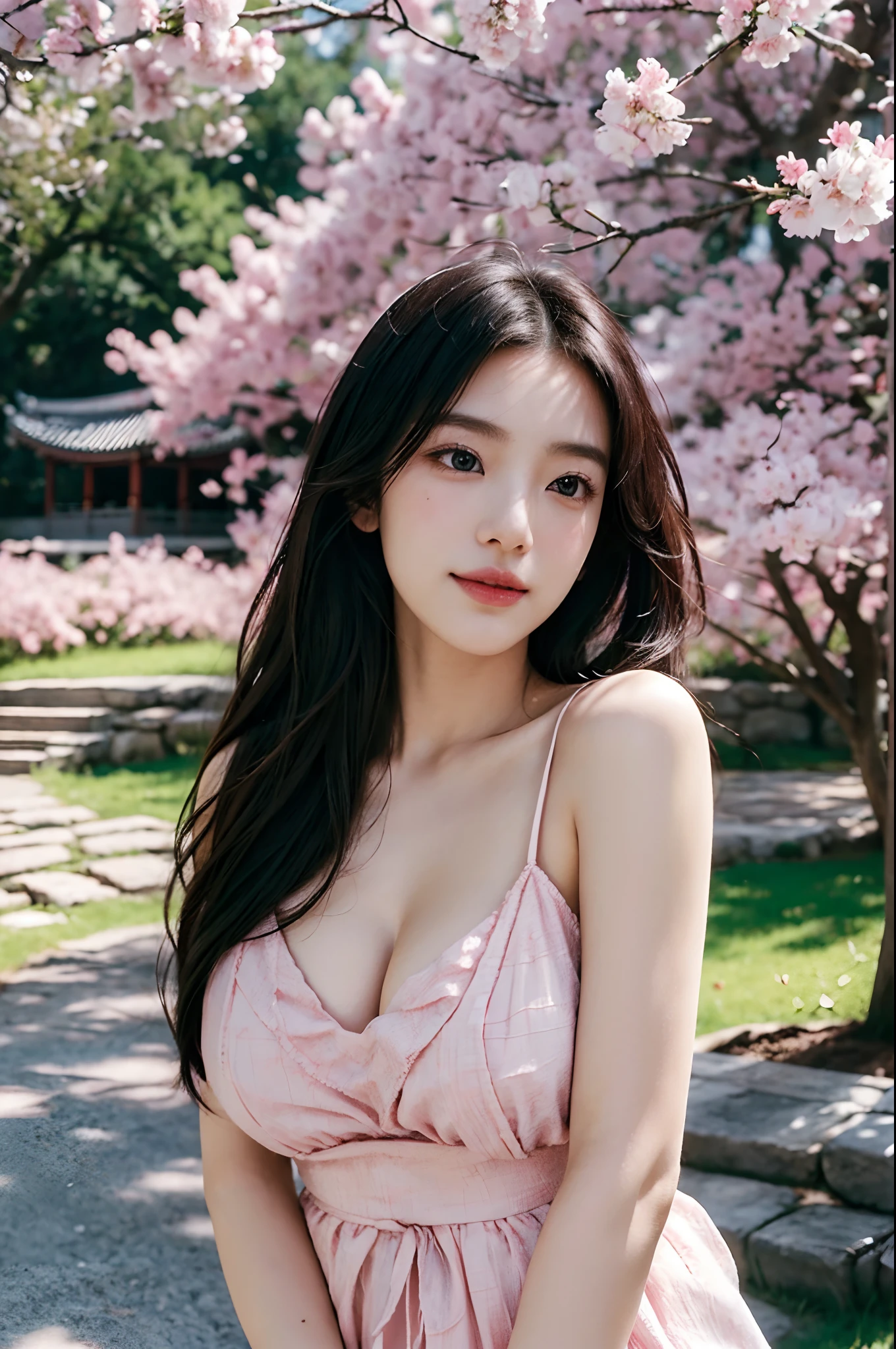 (Best quality,4K,8K,A high resolution,Masterpiece:1.2),Ultra-detailed,(Realistic,Photorealistic,photo-realistic:1.37),Beautiful detailed eyes,beautiful detailed lips,Extremely detailed eyes and face,Long eyelashes,slender leg,nice thigh,perfect hand,Nice five fingers,1girll,korean beautifull girl,Japanese and Korean beauties,Korean,Large cleavage,deep v big breasts,Under the cherry blossoms,Enchanted smile,feminine charm,Flowing black hair,Elegant posture,Beautiful dance moves,Soft sunlight filters through the branches,Subtle shades of pink and white,tranquil ambiance,The breeze rustles the petals,Portrait style painting,Meticulous brushstrokes,Texture canvas,Delicate petals,Ethereal beauty,There is a faint blush on the cheeks,Natural and enhanced functionality,Classic Korean makeup,Sparkling eyes,setting in nature,Tranquil background,A traditional Korean garden,Gorgeous wooden building,colorful lanterns,Unique Korean style,The subtle scent of cherry blossoms,Play soft music in the background