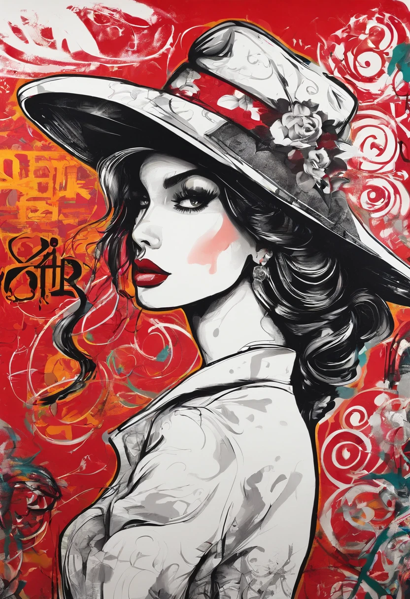 The model wears a red jacket and white hat, In the style of 32K UHD, Rococo elegance, Vintage style design, bold curves, ferrania p30, Limited color range, English School