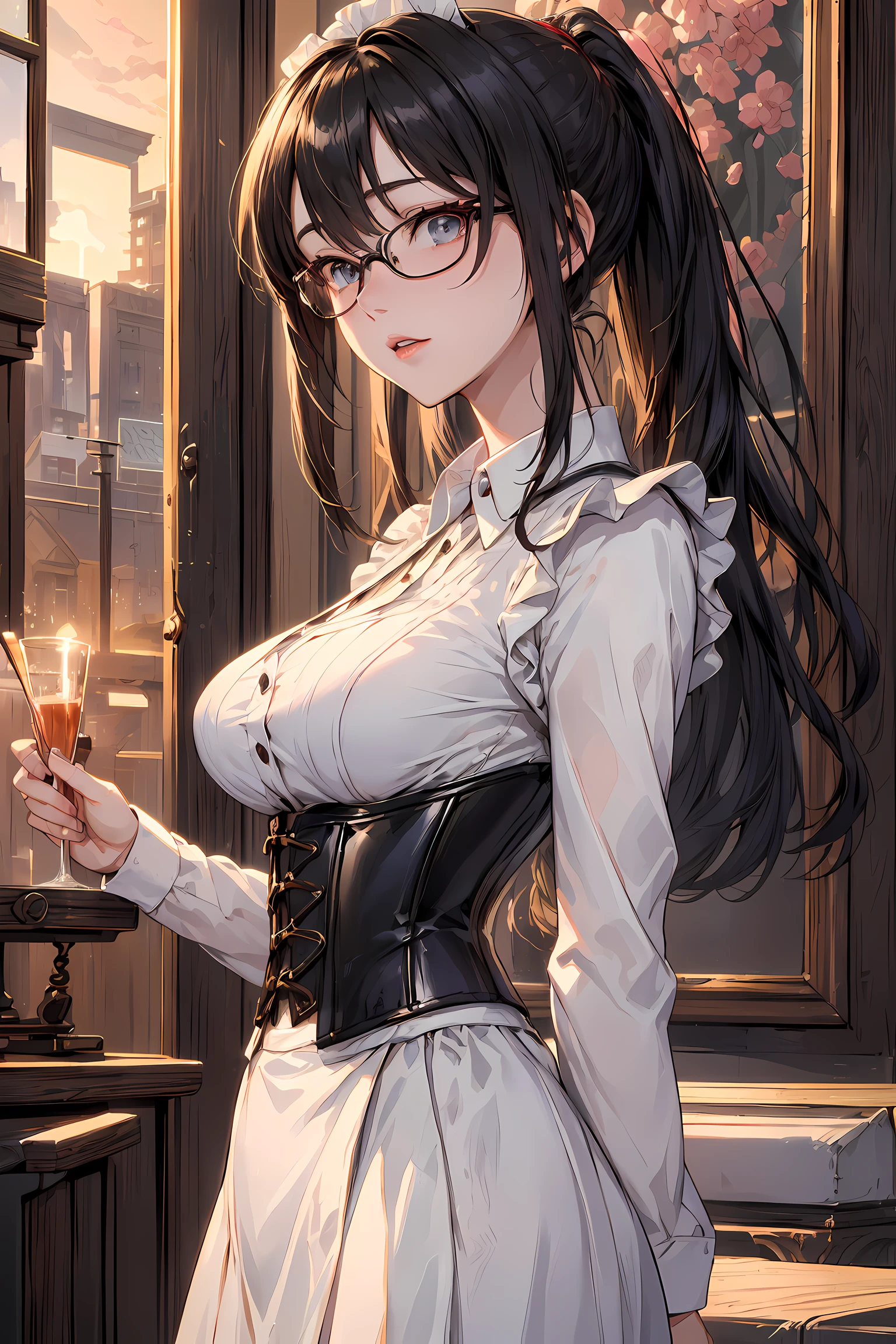 (1glasses girl:1.3, solo), (Audrey Hepburn:1.3), (a extremely pretty and beautiful Japanese woman), (sexy girl), (professional attire:1.3), (22 years old: 1.1), (from below:1.3), (low angle:1.3), (ground level shot:1.3), (girl on top:1.3), (arms behind back between legs:1.3), (attractive random posing:1.3), (in the queen's room:1.3), (look down:1.3), (starring at you:1.3), (front view:1.3), break, (ponytail:1.3), (shiny-black thin hair:1.2), bangs, dark brown eyes, beautiful eyes, princess eyes, (big eyes:1.3), bangs, wearing a glasses:1.3, Hair between eyes, short hair:1.3, (slender:1.1), (small-medium-breasts:0.95), (thin waist: 1.15), (detailed beautiful girl: 1.4), Parted lips, Red lips, full-make-up face, (shiny skin), ((Perfect Female Body)), (upper body image:1.3), Perfect Anatomy, Perfect Proportions, (most beautiful Korean actress face:1.3, extremely cute and beautiful Japanese actress face:1.3), BREAK, (View viewer, wearing a embroidery frills sexy maid uniform, (insanely detailed classical maid outfit:1.3), (white collared shirt:1.3, long-sleeve:1.3), (corset:1.3), (white apron:1.3), (black high-waist-jumper-skirt:1.3), detailed clothes, BREAK, (detailed classy queen's room background:1.2), (dark background), (Studio soft lighting: 1.3), (fake lights: 1.3), (backlight: 1.3), BREAK, (Realistic, Photorealistic: 1.37), (Masterpiece, Best Quality: 1.2), (Ultra High Resolution: 1.2), (RAW Photo: 1.2), (Sharp Focus: 1.3), (Face Focus: 1.2), (Ultra Detailed CG Unified 8k Wallpaper: 1.2), (Beautiful Skin: 1.2), (pale Skin: 1.3), (Hyper Sharp Focus: 1.5), (Ultra Sharp Focus: 1.5), (Beautiful pretty face: 1.3), (super detailed background, detail background: 1.3), Ultra Realistic Photo, Hyper Sharp Image, Hyper Detail Image,