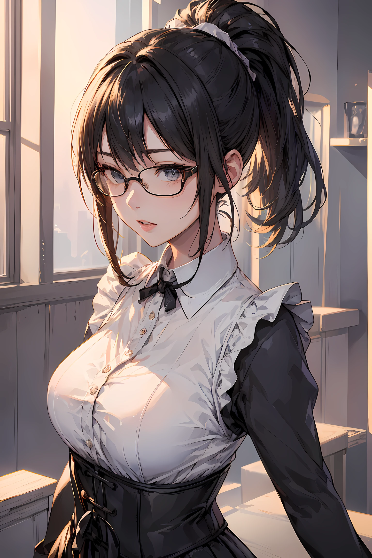 (1glasses girl:1.3, solo), (Audrey Hepburn:1.3), (a extremely pretty and beautiful Japanese woman), (sexy girl), (professional attire:1.3), (22 years old: 1.1), (from below:1.3), (low angle:1.3), (ground level shot:1.3), (girl on top:1.3), (arms behind back between legs:1.3), (attractive random posing:1.3), (in the queen's room:1.3), (look down:1.3), (starring at you:1.3), (front view:1.3), break, (ponytail:1.3), (shiny-black thin hair:1.2), bangs, dark brown eyes, beautiful eyes, princess eyes, (big eyes:1.3), bangs, wearing a glasses:1.3, Hair between eyes, short hair:1.3, (slender:1.1), (small-medium-breasts:0.95), (thin waist: 1.15), (detailed beautiful girl: 1.4), Parted lips, Red lips, full-make-up face, (shiny skin), ((Perfect Female Body)), (upper body image:1.3), Perfect Anatomy, Perfect Proportions, (most beautiful Korean actress face:1.3, extremely cute and beautiful Japanese actress face:1.3), BREAK, (View viewer, wearing a embroidery frills sexy maid uniform, (insanely detailed classical maid outfit:1.3), (white collared shirt:1.3, long-sleeve:1.3), (corset:1.3), (white apron:1.3), (black high-waist-jumper-skirt:1.3), detailed clothes, BREAK, (detailed classy queen's room background:1.2), (dark background), (Studio soft lighting: 1.3), (fake lights: 1.3), (backlight: 1.3), BREAK, (Realistic, Photorealistic: 1.37), (Masterpiece, Best Quality: 1.2), (Ultra High Resolution: 1.2), (RAW Photo: 1.2), (Sharp Focus: 1.3), (Face Focus: 1.2), (Ultra Detailed CG Unified 8k Wallpaper: 1.2), (Beautiful Skin: 1.2), (pale Skin: 1.3), (Hyper Sharp Focus: 1.5), (Ultra Sharp Focus: 1.5), (Beautiful pretty face: 1.3), (super detailed background, detail background: 1.3), Ultra Realistic Photo, Hyper Sharp Image, Hyper Detail Image,