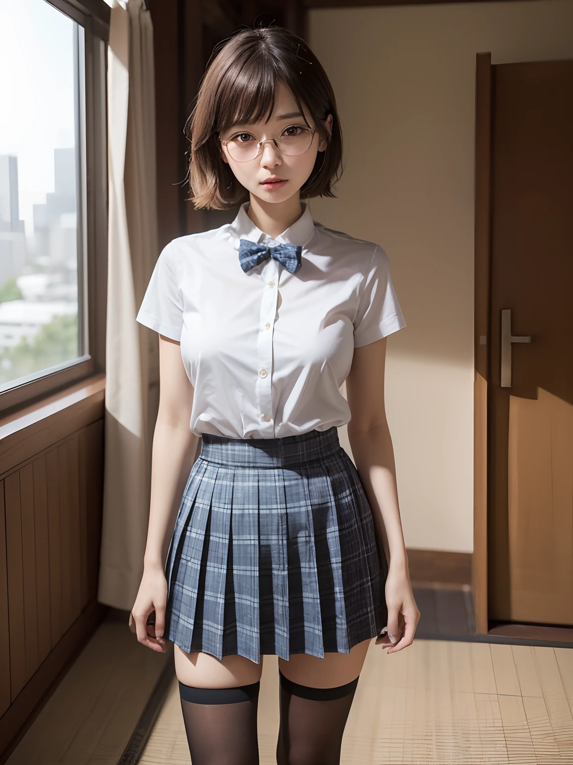 （8K、Raw photography、top-quality、​masterpiece：1.2),absurderes,a small face,small tits,flat breast,Parting the bangs from the middle、Forehead visible,(Tight eyes,Bullish,skinny,Rasping,irate)、​masterpiece,top-quality、超A high resolution,Raw photo,ren,Beautiful fece,One Person, 独奏,eye glass,,Dark look,Small breasts,fullllbody,Round glasses、cute little、A Japanese Lady,is standing,(Tight eyes,Bullish,skinny,Rasping,irate,small tits,flat breast)、（Photorealsitic：1.37）、Photon mapping,Light blue ribbon,Realistic、Cute little face,Brown-eyed、Black socks、(Red bow tie)、Radio City、Physically Based Rendering、Foreground、depth of fields、Blurry background、a picture,The girls、Body, Long legs, Thin leg,bob cuts,(Bangs are visible), hair, s lips, Blue_The eye, nosesoft,White shirt, Navy blue and white plaid pleated skirt, Knees are visible,Sheer clothing,, Thigh, Black cotton socks,Nogizaka Idol, 女優, Japanese ido