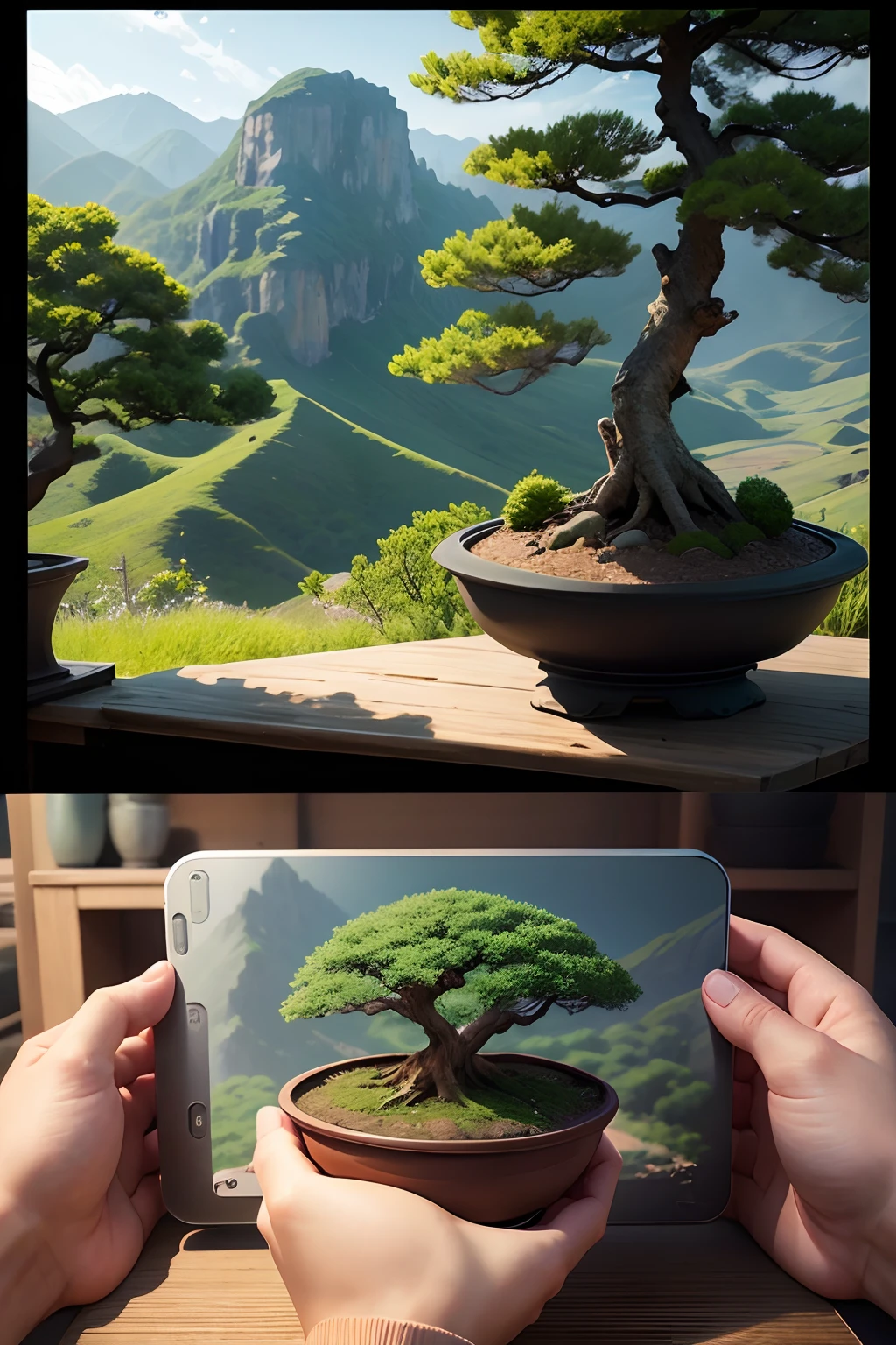 Realistic 4K landscape photo simulation、Freehand、Transparent type、Practical、Bonsai type