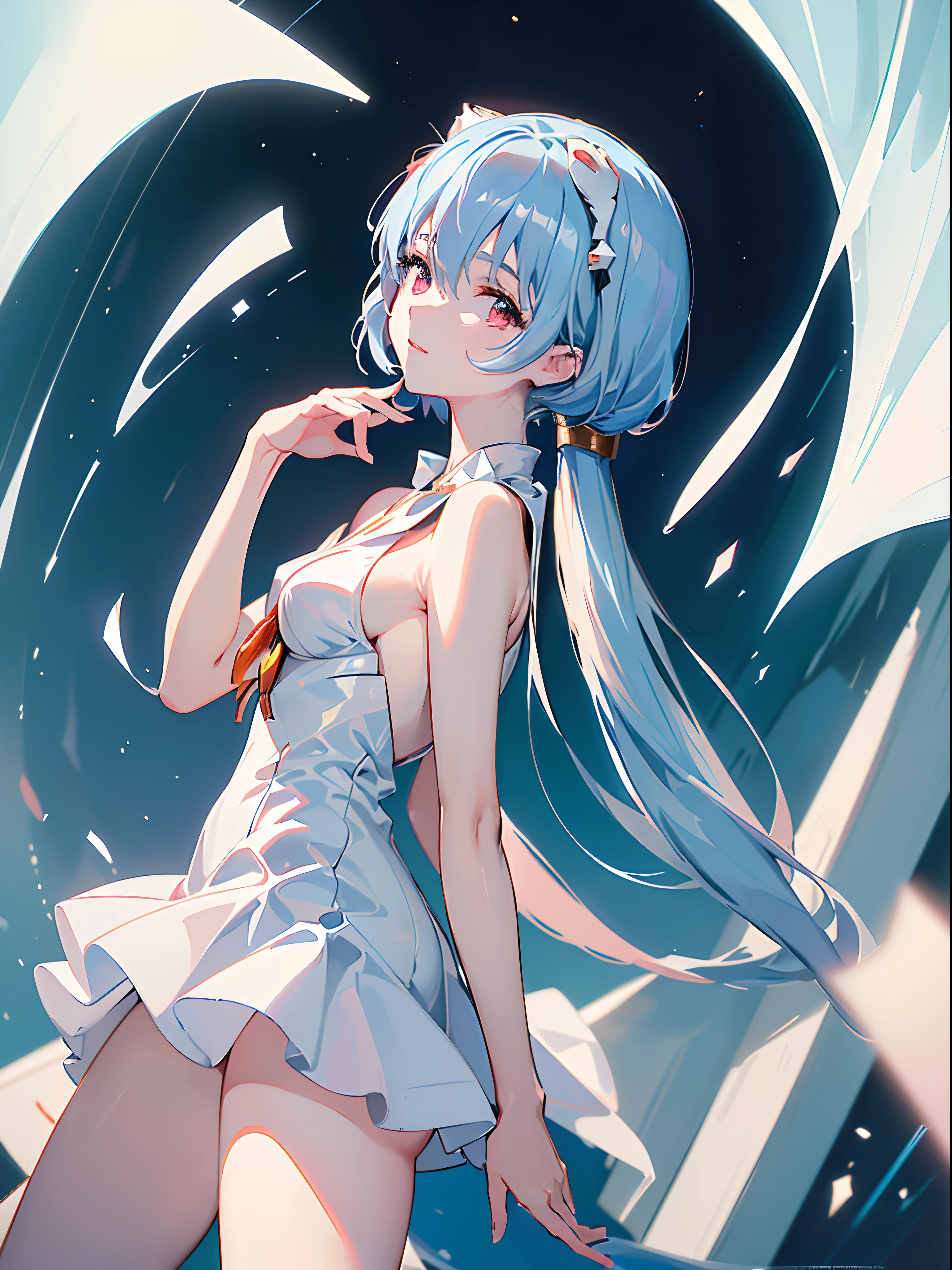 (((ayanami rei:))),1girl,solo,(masterpiece,best quality, official art,aim to viewers, beautiful and aesthetic:1.3),((ultra high res,golden ratio,)) (4k,8k,16k),((from above)),((blue earth in the distance)),floating,dynamic lighting, natural lighting,(photon mapping, radiosity, physically-based rendering,automatic white balance), technological sense,Amazing,sharp focus,rich background, (((high detailed skin,)))dynamic lighting,intricate detailed outfit,glowing eyes,watery eyes,((extremely long hair,))smile, skiny, ,sailor dress, short skirt,button shirt,(masterpiece sidelighting),(bishoujo,lustrous),(sky blue hair,pink eyes,）[[delicate fingers and hands:0.55]::0.85],(detail fingers),(((Ultra Photographic Quality,ultra wide angles)))),((incredibly absurdres)),bust shot,((extremely_detailed_eyes_and_face)),(disheveled hair),FilmGirl,(dynamic configuration: 1.1),dreamy,Brilliant