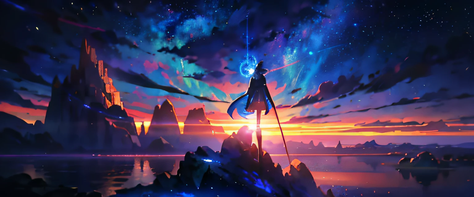Anime scene of a man standing on a rock in sky background, style of duelyst, arte de fundo, cosmos sem fim no fundo, concept art magical highlight, 4 k hd illustrative wallpaper, sitting on the cosmic cloudscape, moonlit starry sky environment, background artwork, Anime background art, Makoto Shinkai Cyril Rolando, anime backgrounds