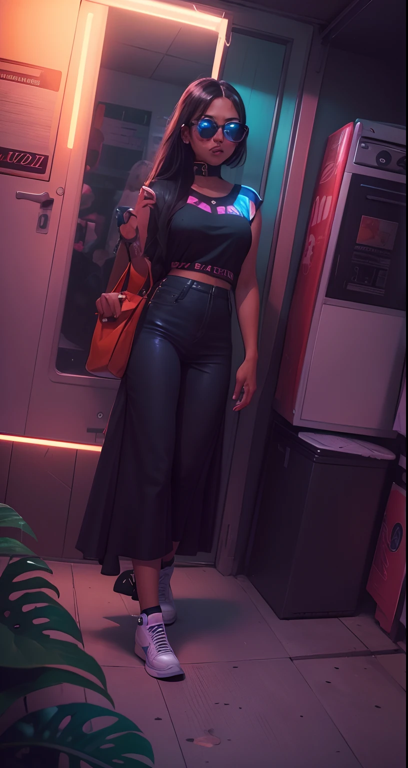 hot girl, hidden with a sticker,illustration, (best quality, highres), vibrant colors, glowing lighting,sunglasses, (Boot)