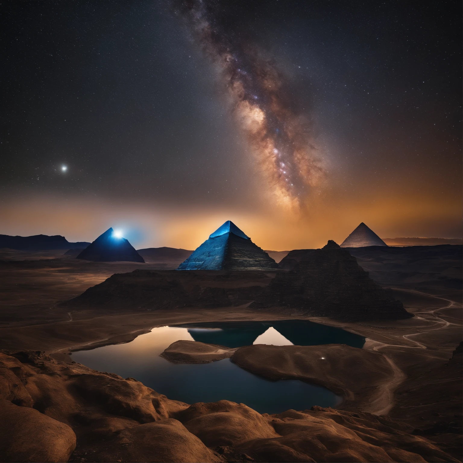 Master Parts、Superior Quality、superior image quality、The 8k quality、Beautiful pictures of the starry sky、magnifica、Arched Milky Way:1.9、Pyramids