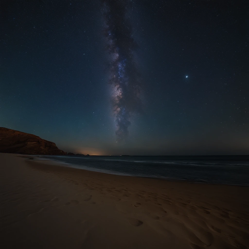 Master Parts、Superior Quality、superior image quality、The 8k quality、Beautiful pictures of the starry sky、magnifica、Arched Milky Way:1.9、sitting on beach looking up at starry sky
