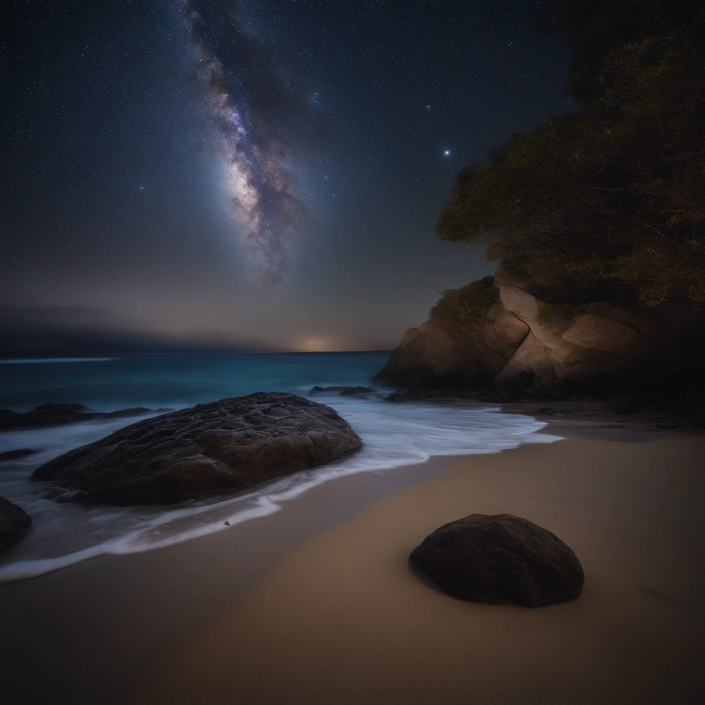 Master Parts、Superior Quality、superior image quality、The 8k quality、Beautiful pictures of the starry sky、magnifica、Arched Milky Way:1.9、sitting on beach looking up at starry sky