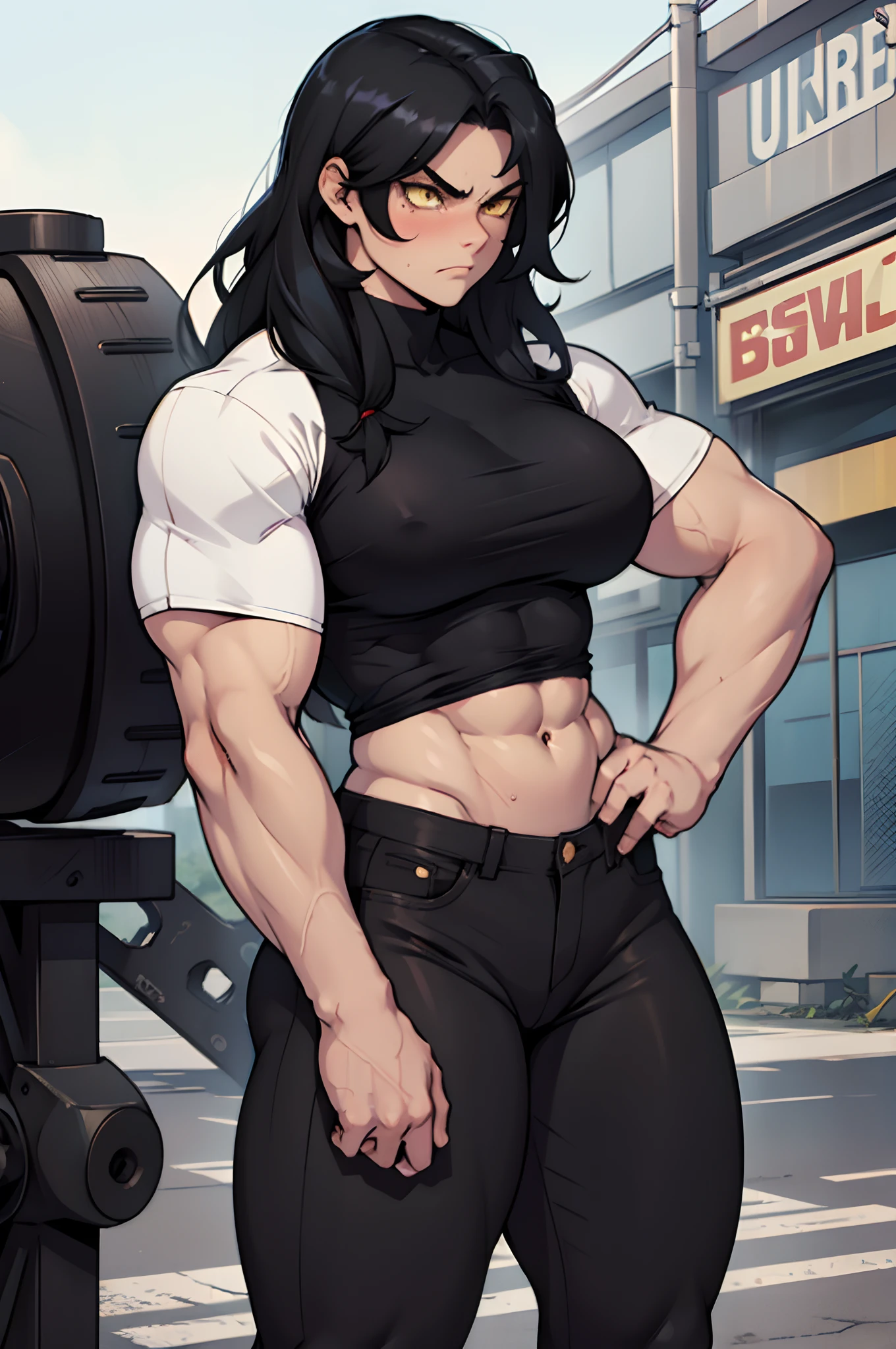 ((1 girl)), extremely long hair, solo, ((muscular)), veins, black hair, yellow eyes, blushing, (thick thighs), pale skin, strong, veins, abs, big thighs, (huge breasts), navel, standing, angry, tight pants, tight shirt