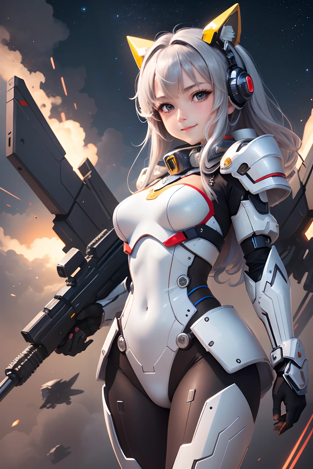 ​masterpiece,top-quality,ultra-detailliert,very detailed illustration,ighly detailed,intricate-detail,hight resolution,super complex details,Highly detailed 8k CG wallpapers, mecha musume, machine components, Robot Joint, head gear, 1girl,独奏, mecha musume, red blush,is standing,cowboy  shot, starryskybackground, Background with, Glowing black metallic armor、Symmetrical full armor、Symmetrical mechanical wing、Funnel-mounted、highleg, a smile,Being in the air、are flying、Holding and firing a beam rifle while flying、Sniping with a beam rifle while flying、