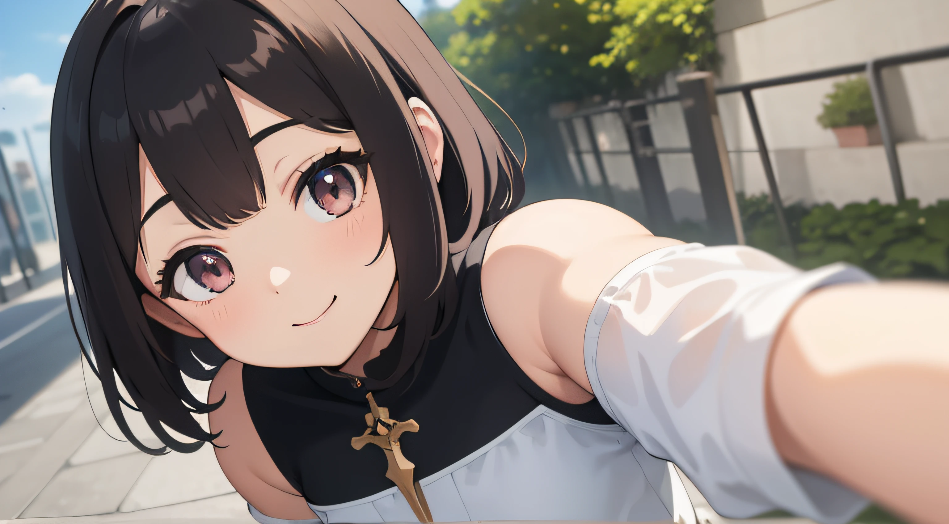 (obra prima) (detalhado) (ultrarrealista | | | | | | |) Anime menina linda posando pra selfie, foto do perfil, sorrindo, segurando um objeto
