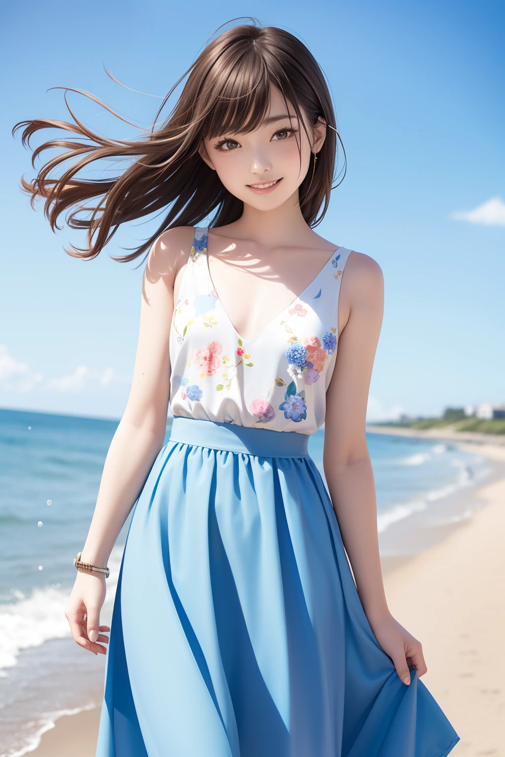 FULL BODYSHOT、an oil painting、top-quality、hight resolution、Brown hair、length hair、Brown and loose perm,、Blue hairpin、Sleeveless dress、kindly smile、Skirt below the knee、skinny body、tiny chest、Floral dress、Sweaty skin、shores、The seaside looks fun、blue-sky、The wind is fluttering my hair、Keep your mouth shut、White dress、Stylish atmosphere、long skirt、Smaller chest、Wearing a watch、Blue hair fastening、The wind is blowing、Floral clothes on white、20Talented Woman、