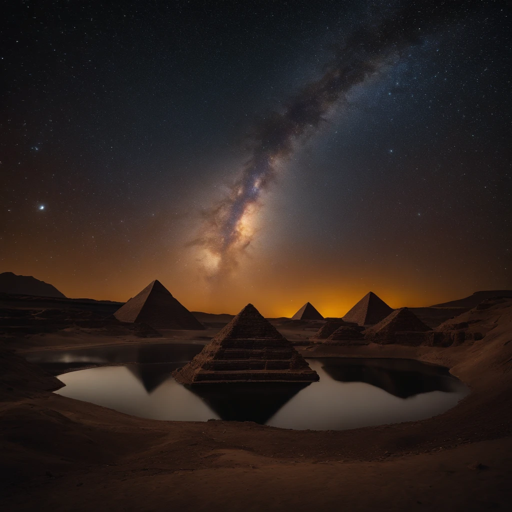 Master Parts、Superior Quality、superior image quality、The 8k quality、Beautiful pictures of the starry sky、magnifica、Arched Milky Way:1.9、Pyramids
