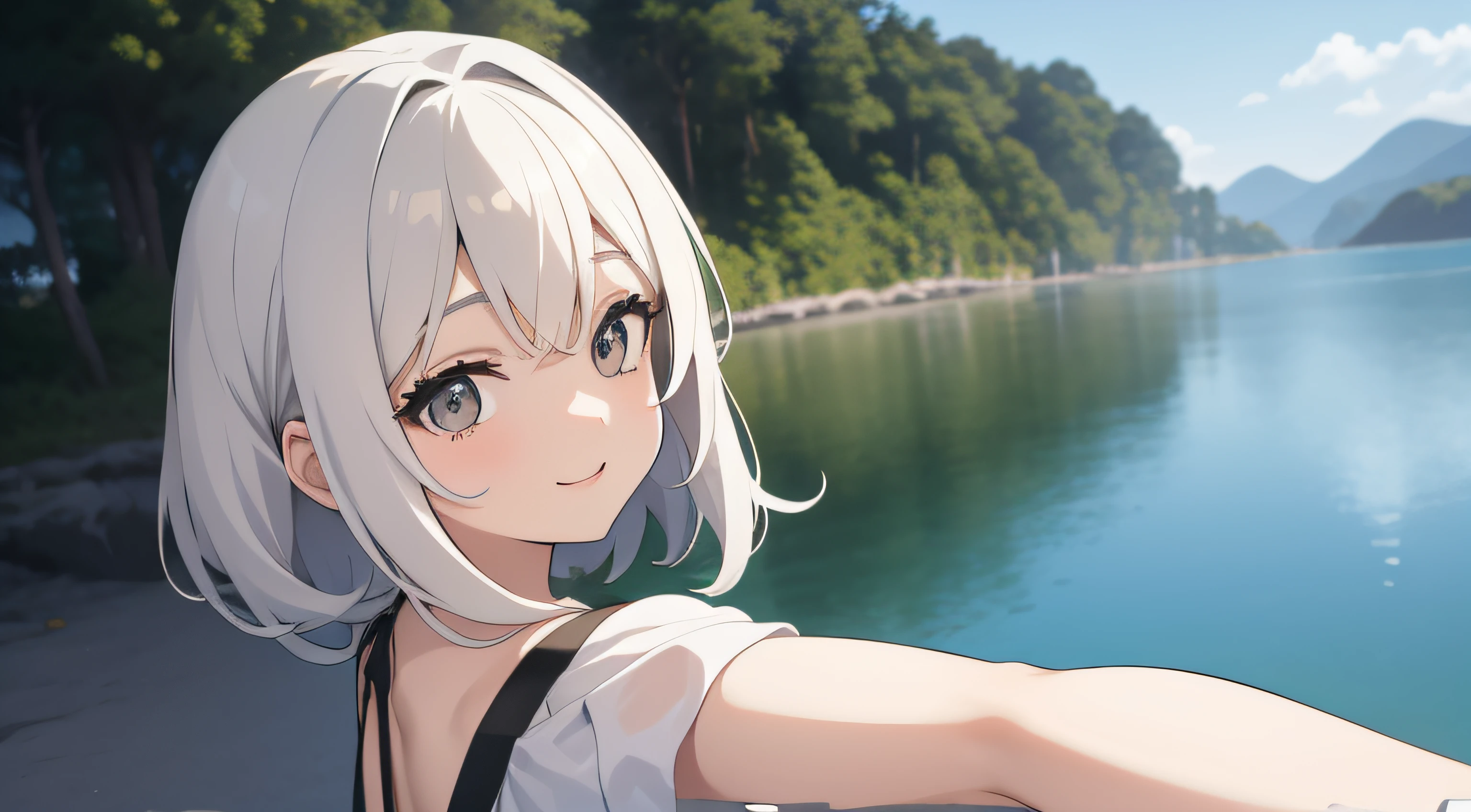 (obra prima) (detalhado) (ultrarrealista | | | | | | |) Anime menina linda posando pra selfie, foto do perfil, sorrindo, segurando um objeto
