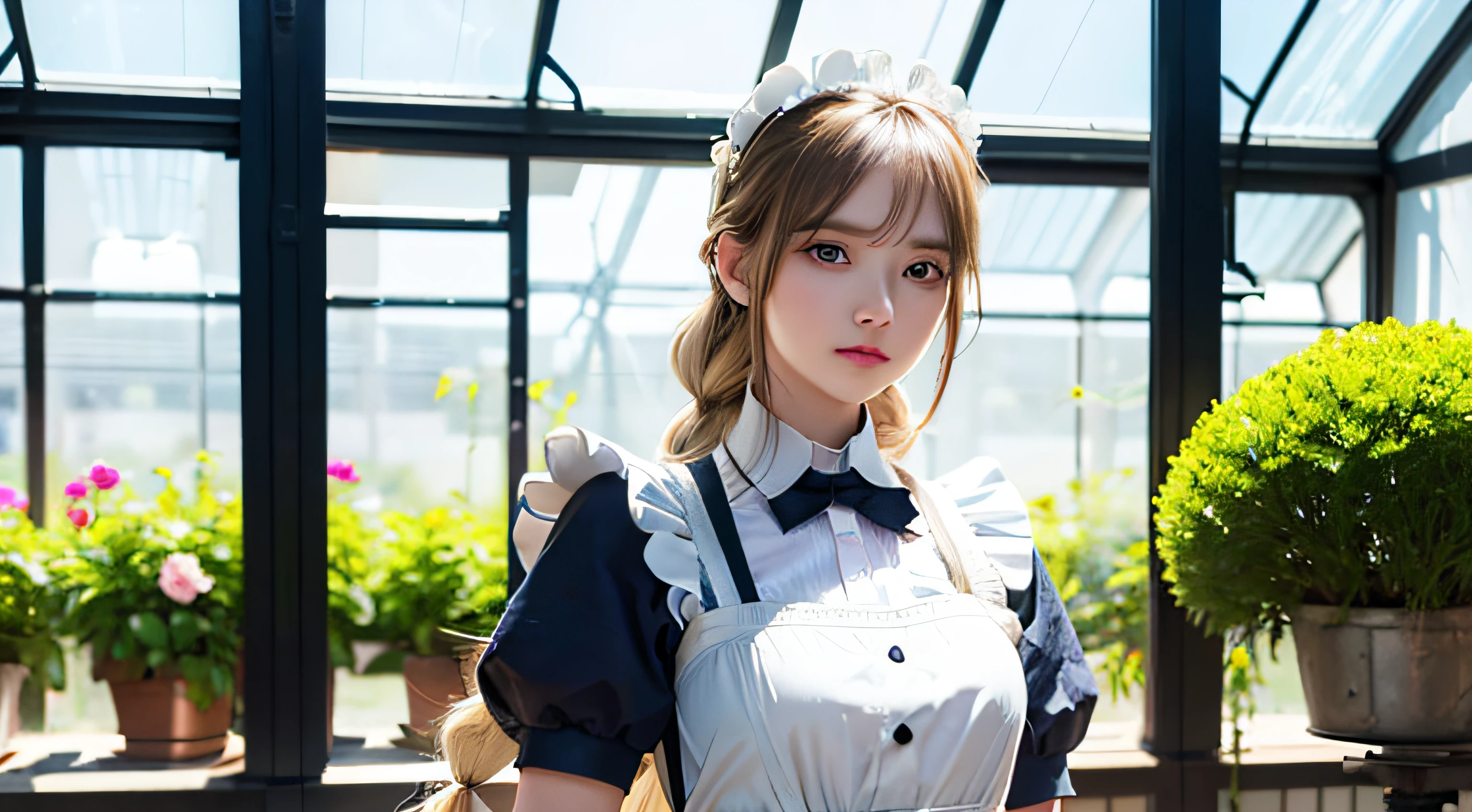 ((Flower style)), (Advancer), (1girl in), (((Solo))), (Realistic:1.5), light Particle, llight rays, Victorian, (Best Illustration), Photorealistic, Octane Render, 8K, Neon light, Flying Cars, Detailed face, Detailed eyes, ((maid)), maid headband, long braid, Very long hair, Blonde hair, Blue eyes, (Sharp eyeliner, eyeshadows, Detailed eyes:1.1), (ulzzang-6500), model poses, (Standing), (Outdoors), Noon time, public area, Indoors, (Greenhouse in the background), Break G36